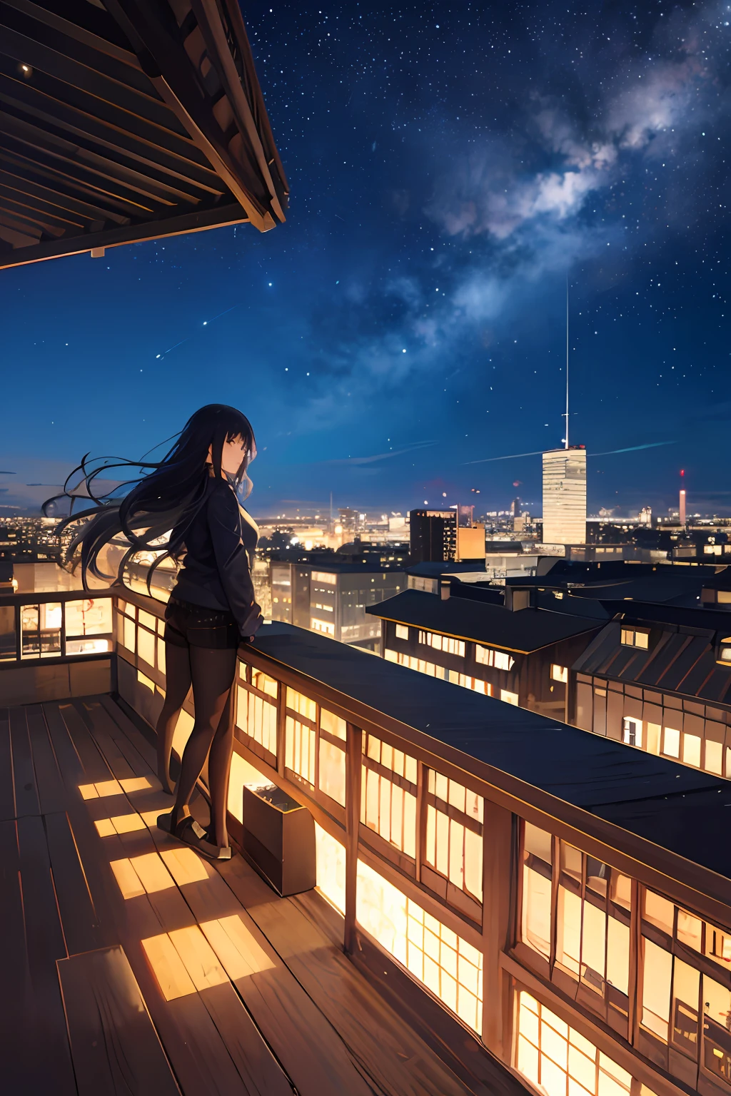 octans, sky, star (sky), scenery, starry sky, night, 1girl, night sky, solo, outdoors, building, cloud, milky way, sitting, tree, long hair, city, silhouette, cityscape