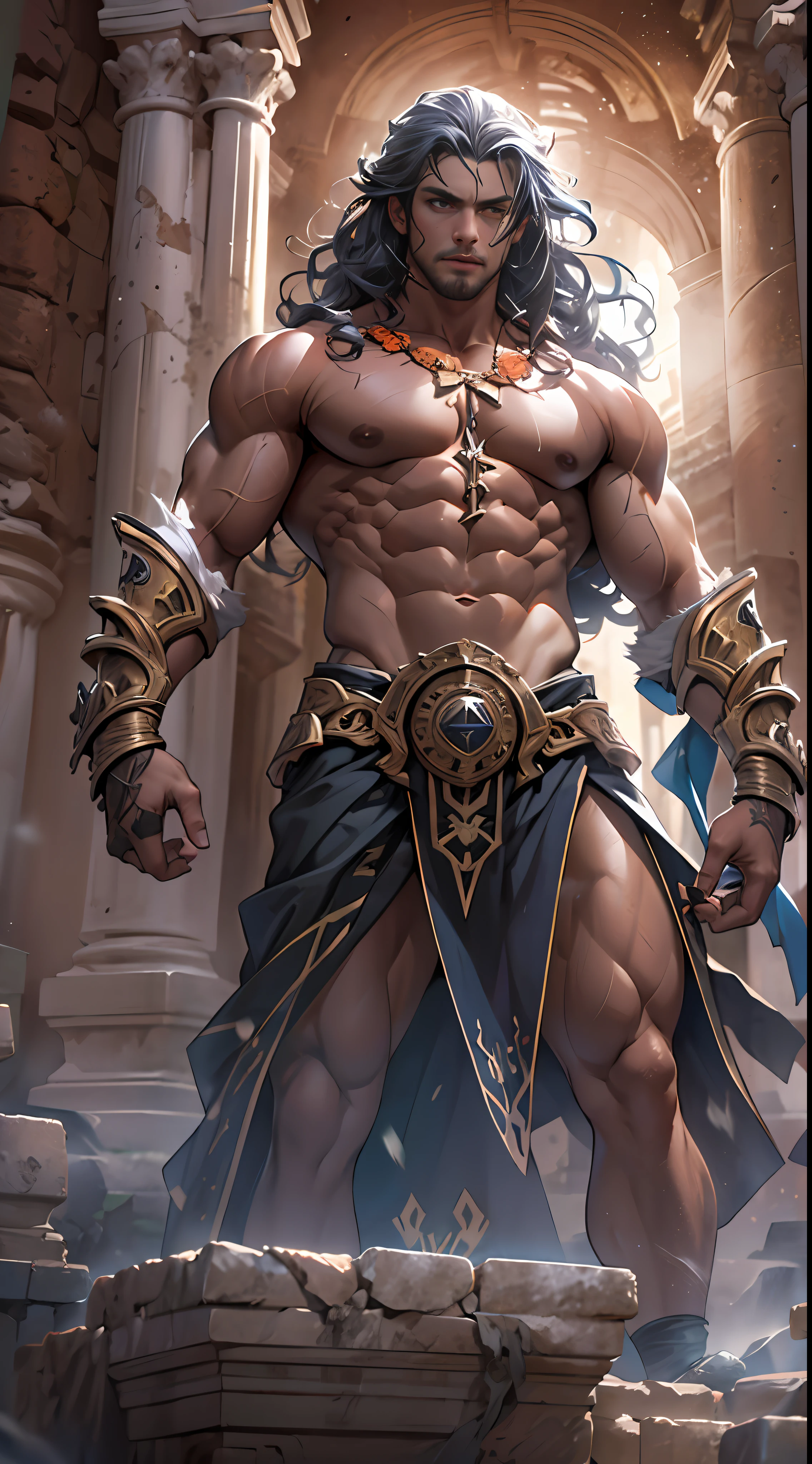 Ripped hero, shirtless upper body, legs revealed from thighs to feet, cascading long curls, intricate muscular details, photorealistic artwork, 4K resolution. Background: Mystic ancient ruins with glowing symbols,32k uhd, best quality, masterpiece, super detail, high details