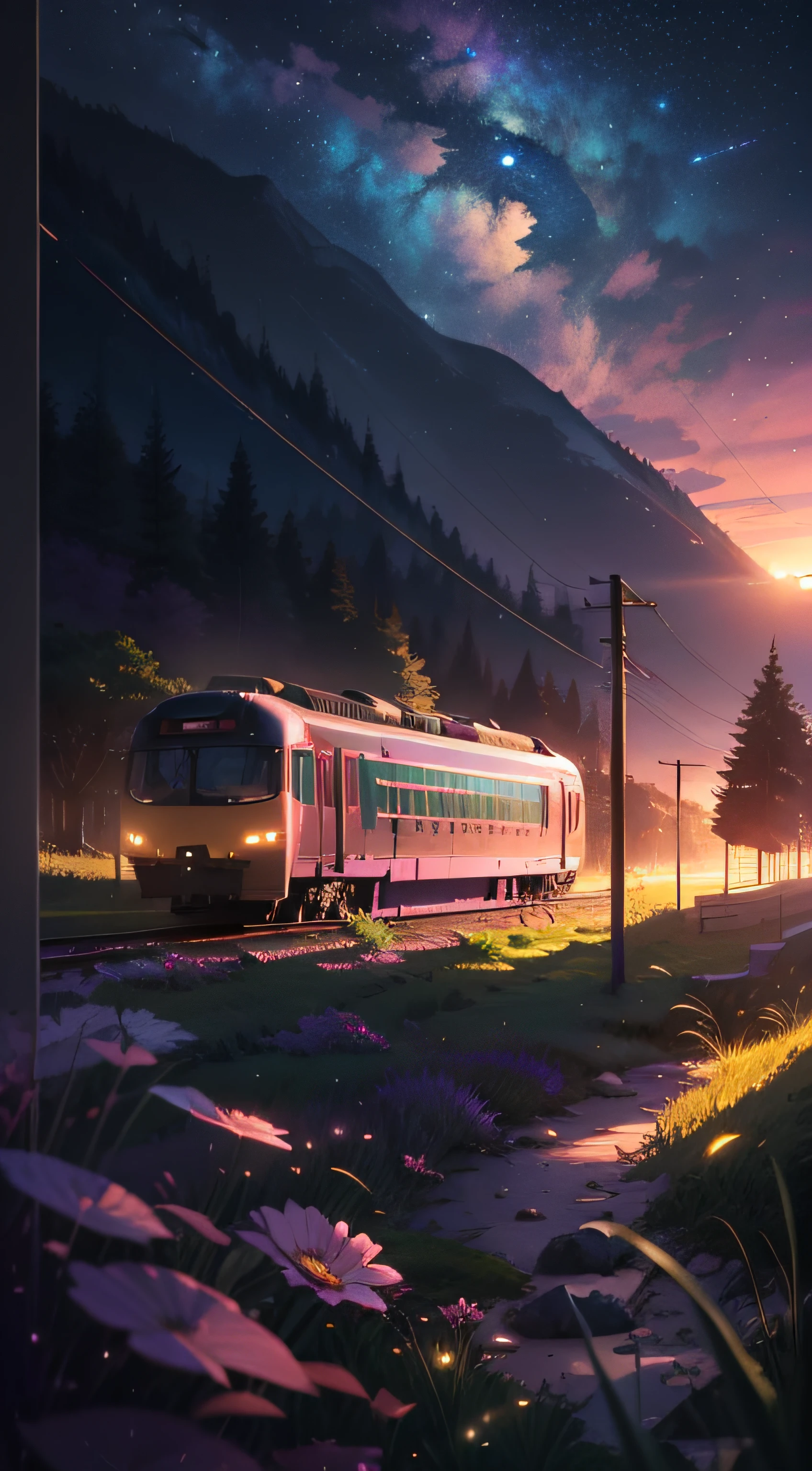 The picture is bright and well lit. no humans. (((Makoto Shinkai style)),pixiv,anime drawing,high quality,pink purple sky,beautiful scene),(universe,train passing,magical realism,((makoto shinkai style)) ::0.8), [Artistic Atmosphere, Atmosphere:0.8, Starry Sky, Hills, Snow Mountain, Sparkling Water, Grass, Trees, Smoke, Stars, Low Angle of View, Specular Scattering,