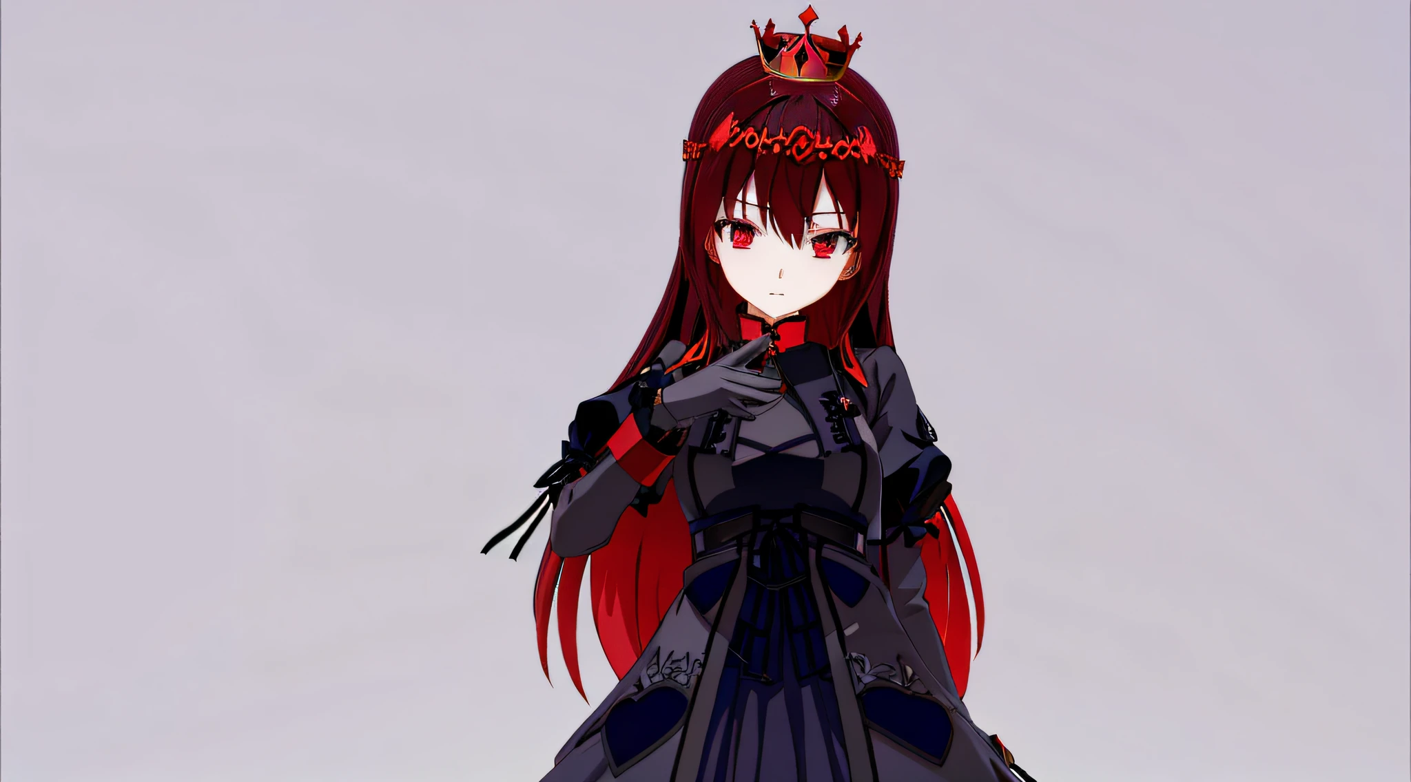 red hair,Anime girl with crown on her head, gothic maiden anime girl, render of a cute 3d anime girl, made with anime painter studio, anime styled 3d, Anime Stylization, Anime moe art style, Stylized anime, anime style like fate/stay night, with red glowing eyes, 3d anime girl,Garland decoration on the head,black glove,A fierce-eyed,Black dress,Gray underwear