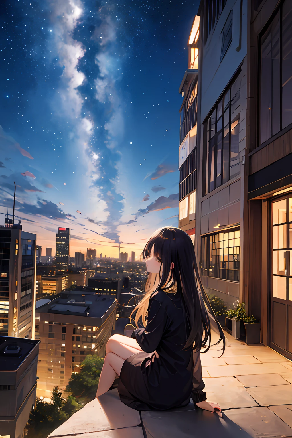 octans, sky, star (sky), scenery, starry sky, night, 1girl, night sky, solo, outdoors, building, cloud, milky way, sitting, tree, long hair, city, silhouette, cityscape