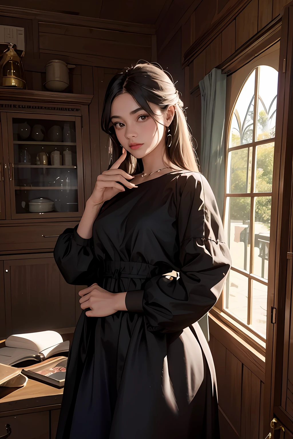 Arte oficial, Unity 8k papel de parede, super detalhado, melhor qualidade, escuro, 1menina, muito bonito, 16 anos, sorrindo, olhar para o espectador, cabelo preto escuro, vestido, gotic, vitoriano, andando, corredor, old mansion, assombrado, segurando vela, assustador, atmospheric, mistic, romantico, assustador, literatura, arte, moda, vitoriano, decoration, complexidades, contemplation, profundidade emocional, sobrenatural, 1 menina, solo, peito plano, cavaleiro,
