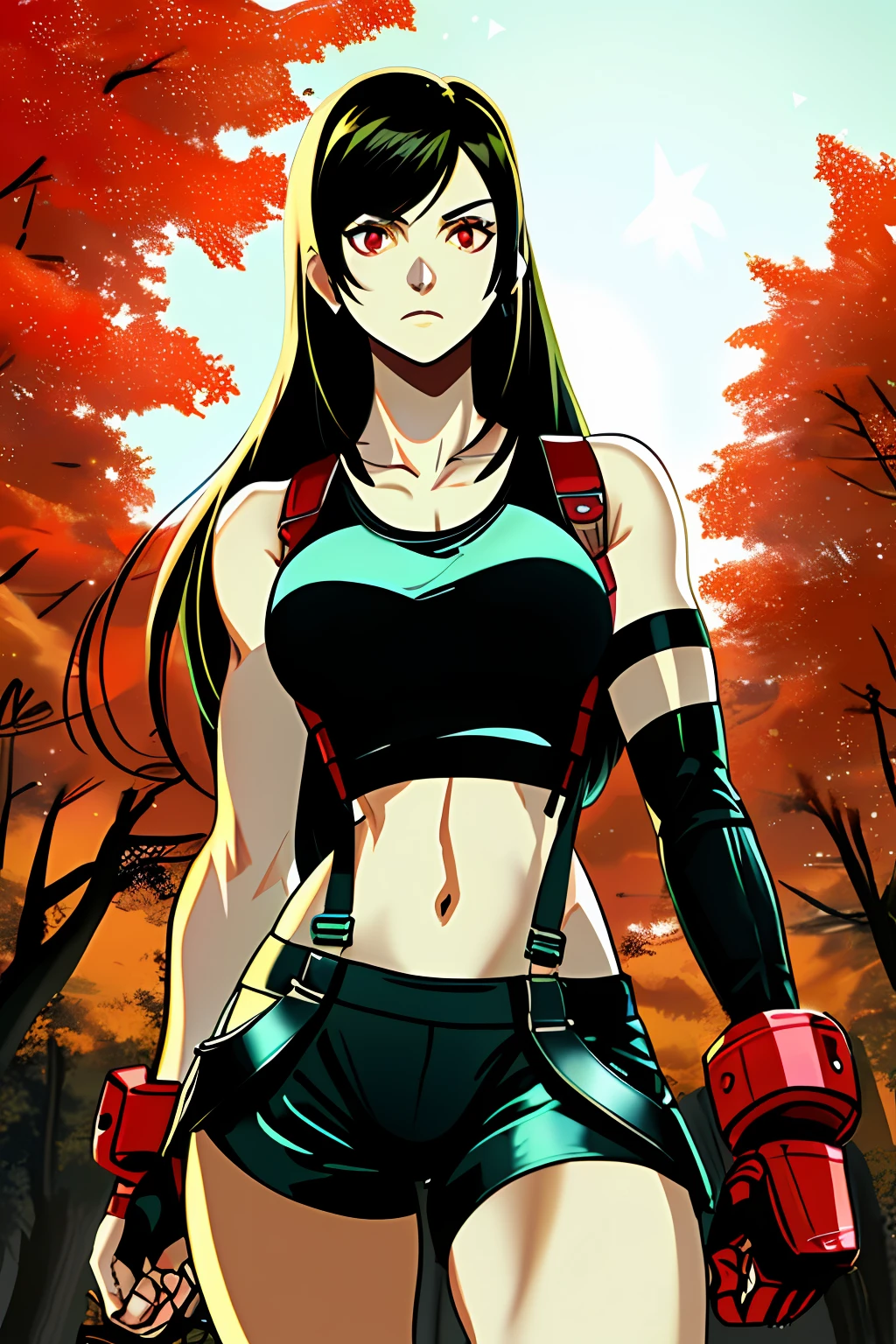 tifa, red eyes, gauntlet, elbow pad, from_above, crop top, detailed face, yellow bodycon tank top, hair, park, sky, trees, pale skin, moonlight, stars, 1girl, statement sunglasses, woman,petite, vivid colors, bokeh background, subject for emphasis,dramatic colors,