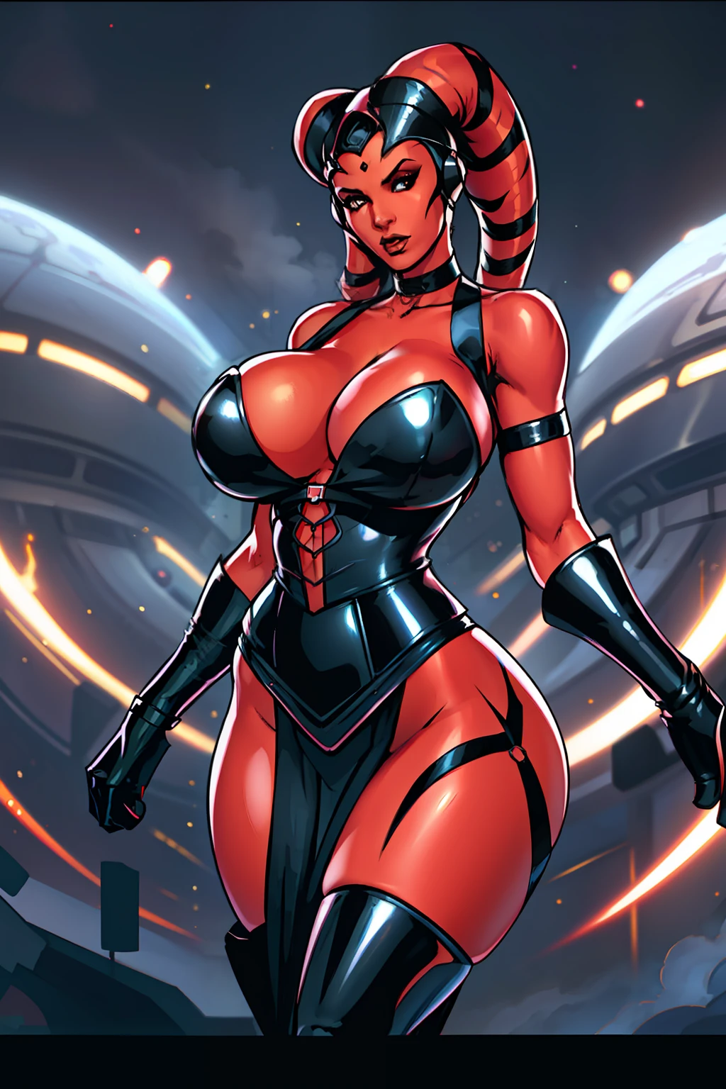 sexy black dress, busty, ((red skin), twi'lek), evil space knight, space ninja, (black elegant gown, corset, evening dress, strapless, sleeveless, huge cleavage, cleavage, long skirts, fantasy, ((busty), slender body, thin, slim sexy body, slim waist, ((((huge breasts, large breasts, gigantic breasts))))), Imperial starship, Star Wars,