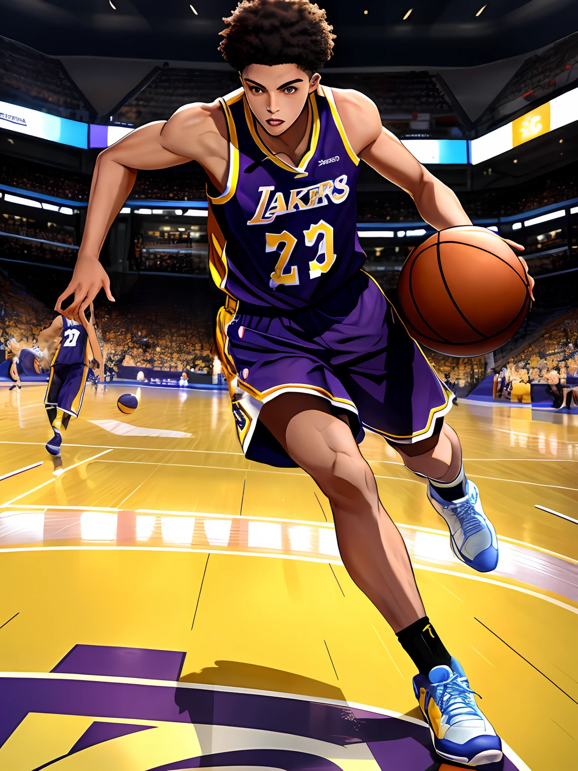 A young male basketball player wearing a Lakers jersey dribbled over a defensive player on the basketball court，full bodyesbian，Sharp eyes，Dribble on the pitch，dynamic action，Races are being held，in a panoramic view，Cool action，