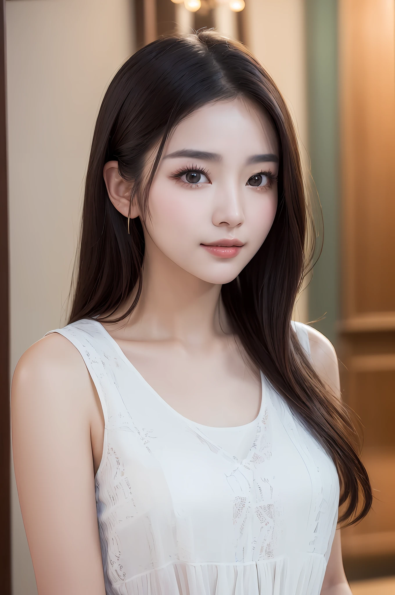 ((best qualtiy、8k masterpieces:1.3))、foco nítido:1.2、(ultra beautiful faces:1.0)、(shinny skin:1.0)、photos realistic、A dark-haired、Video Lighting、High-definition eyes and face、Video Lighting、(cowboy shot:1.3)、(Korean Cute Actress)、from the front side、medium large breasts、ssmile、Sleeveless、Wearing a white blouse