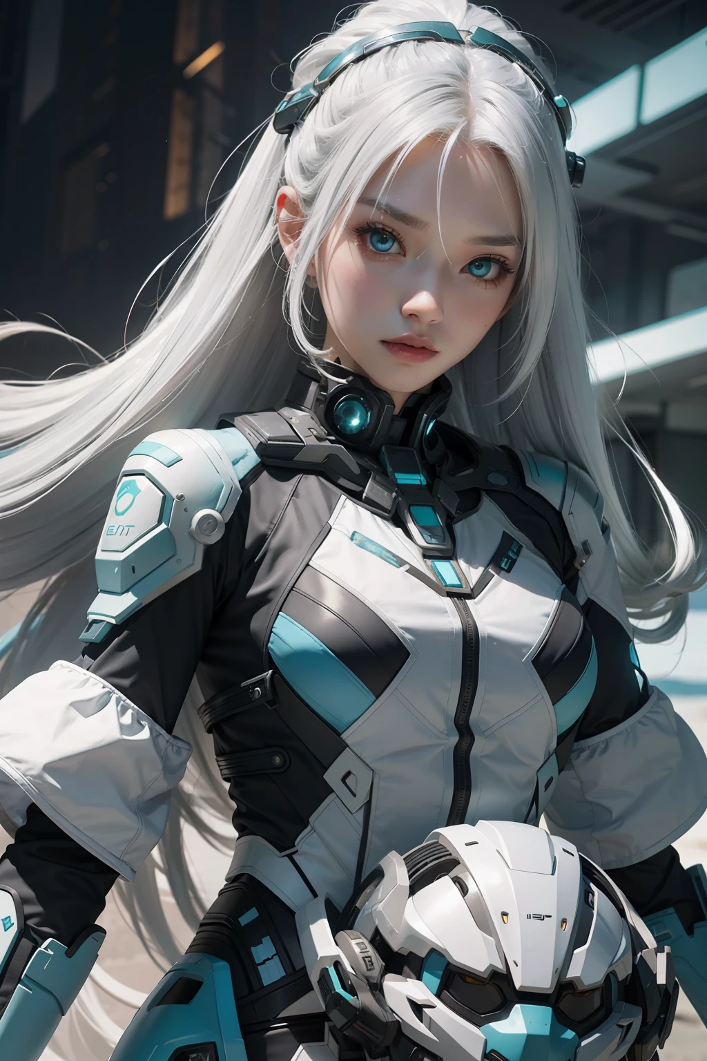 one-girl，Dressed in a sci-fi mech costume，long layered silvery white hair，A pair of turquoise eyes，An Asian face，It has an oriental atmosphere，Look slightly sideways at the front