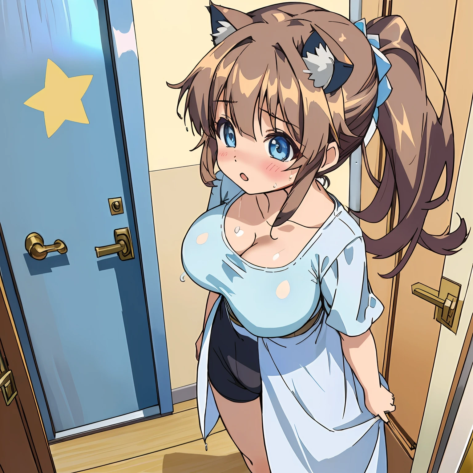 (Highly detailed CG Unity 8k wallpaper), (Best Quality), (Super Detail), (Best Illustration), (Best Shadow), POV, Realistic lighting and shading, Natural light, Lens flare effect, BREAK, 1 beautiful girl, Solo,(Cute:1.5),(Chibi:0.8), (kawaii:1.5),(Lori:0.5), BREAK, ( ( girl), Very detailed, colourfull, highest details, BREAK, (Huge breasts: 1. 2,), Clear skin, Beautiful skin, Shy skin, 1 beautiful girl, Brown hair wet with sweat, (Cat ears, Ponytail, medium-Long hair: 1. 2), (Light blue eyes, long eyelashes, Double eyelids: 1. 2), Solo, gleaming skin, BREAK,(Black shorts,Pichi Pichi:1.2), (shortsleeves, White T-shirt,Taking off your t-shirt,Wet,Lower milk that was about to be seen,no-bra:1.2), (star-shaped earring:1.1), (Lace headband:1.0), (Cute Accessories:1.3), (I'm surprised to see a change of clothes:1.1), (is standing,,Slouched:1.3), Taking off your t-shirt, (Angle from above,Emphasizes cleavage:1.1), BREAK, (Caregiver:1.2),(Facilities for the elderly,dress room,The door is open,Day Service,in a house:1.5),(Multiple young women changing clothes)