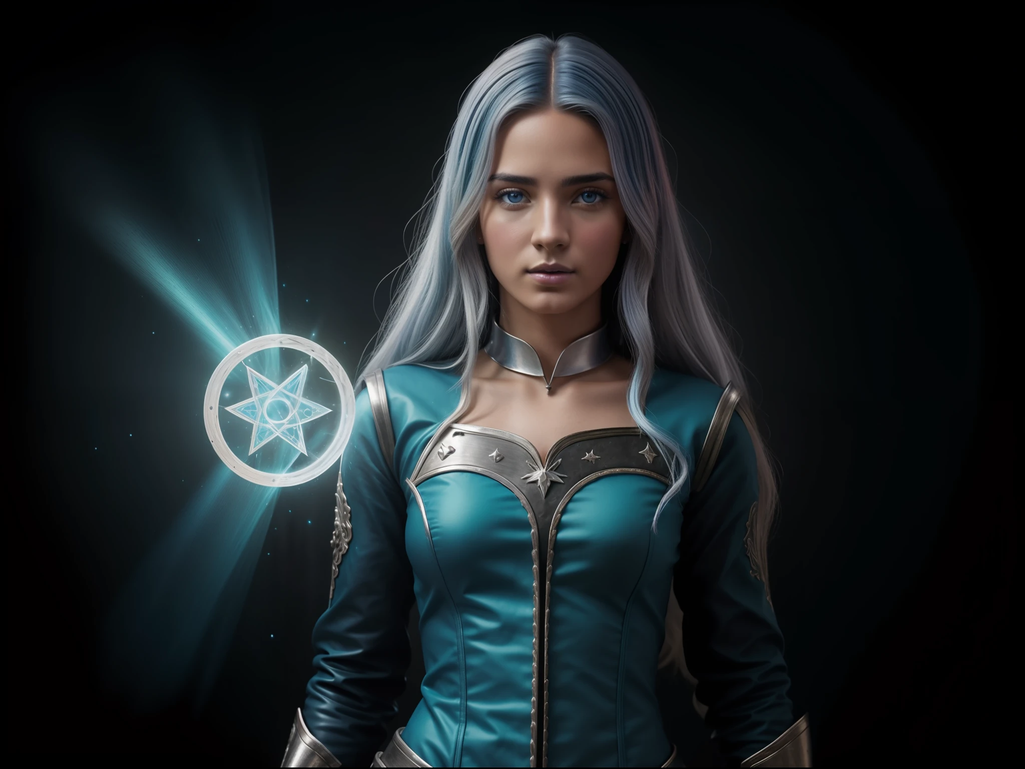 Retrato de cuerpo entero de una joven hechicero rodeada de magia arremolinada, Photorealistic medieval fantasy, Modelo humano real, Modelo femenina real, pelo de cuervo, Cabello largo y ondulado, Vestido azul medianoche , Blue and silver magic effects, particle effects, Arte de salpicaduras, Hiperrealismo, epopeya, Art Station, Arte desviado, DSLR, UHD, HDR, 8k, Calidad Ultra, Cara fotorrealista, Piel fotorrealista, Threads of magic color, Blending colors