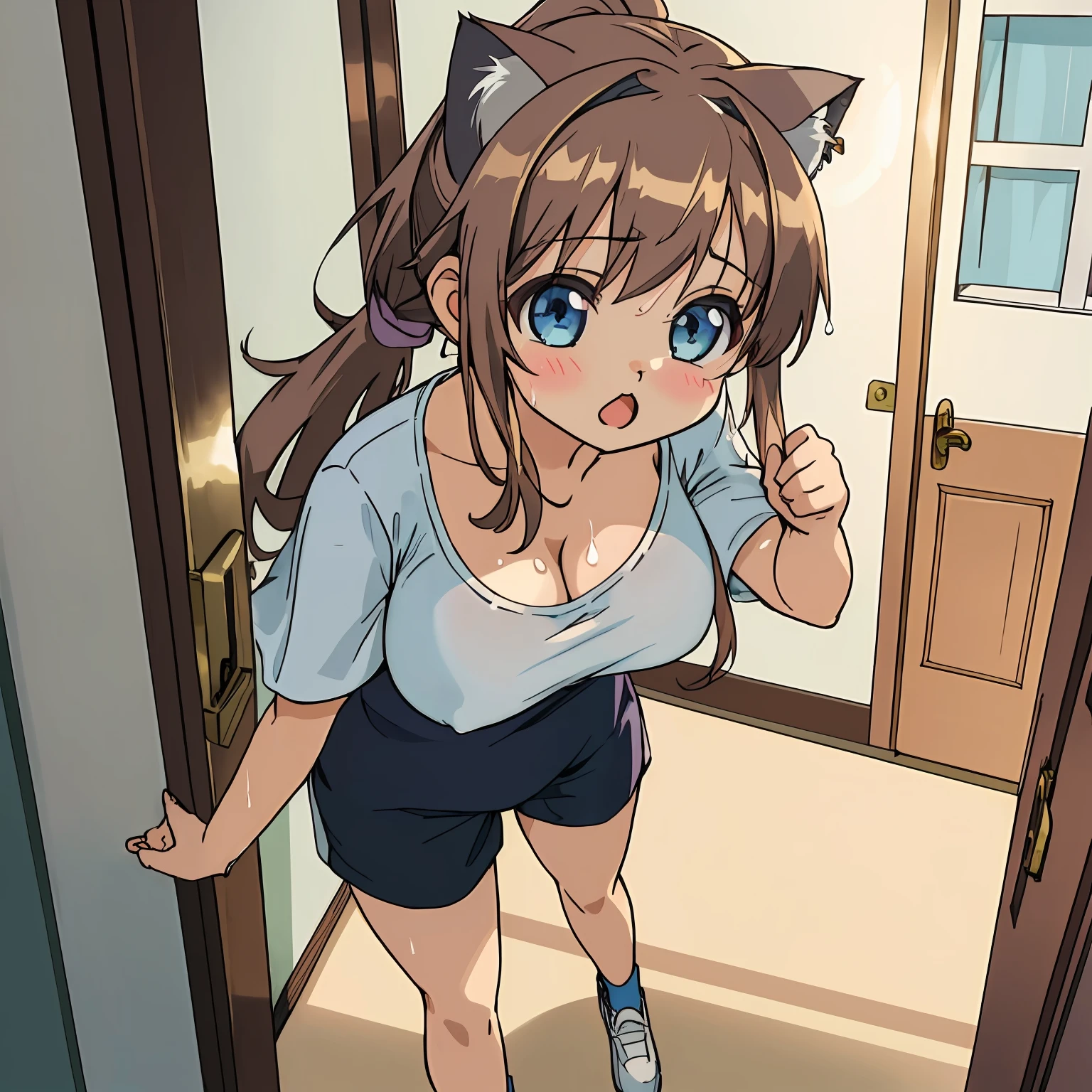 (Highly detailed CG Unity 8k wallpaper), (Best Quality), (Super Detail), (Best Illustration), (Best Shadow), POV, Realistic lighting and shading, Natural light, Lens flare effect, BREAK, 1 beautiful girl, Solo,(Cute:1.5),(Chibi:0.8), (kawaii:1.5),(Lori:0.5), BREAK, ( ( girl), Very detailed, colourfull, highest details, BREAK, (Huge breasts: 1. 2,), Clear skin, Beautiful skin, Shy skin, 1 beautiful girl, Brown hair wet with sweat, (Cat ears, Ponytail, medium-Long hair: 1. 2), (Light blue eyes, long eyelashes, Double eyelids: 1. 2), Solo, gleaming skin, BREAK,(Black shorts,Pichi Pichi:1.2), (shortsleeves, White T-shirt,Taking off your t-shirt,Wet,Lower milk that was about to be seen,no-bra:1.2), (star-shaped earring:1.1), (Lace headband:1.0), (Cute Accessories:1.3), (I'm surprised to see a change of clothes:1.1), (is standing,,Slouched:1.3), Taking off your t-shirt, (Angle from above,Emphasizes cleavage:1.1), BREAK, (Caregiver:1.2),(Facilities for the elderly,dress room,The door is open,Day Service,in a house:1.5),(Multiple young women changing clothes)