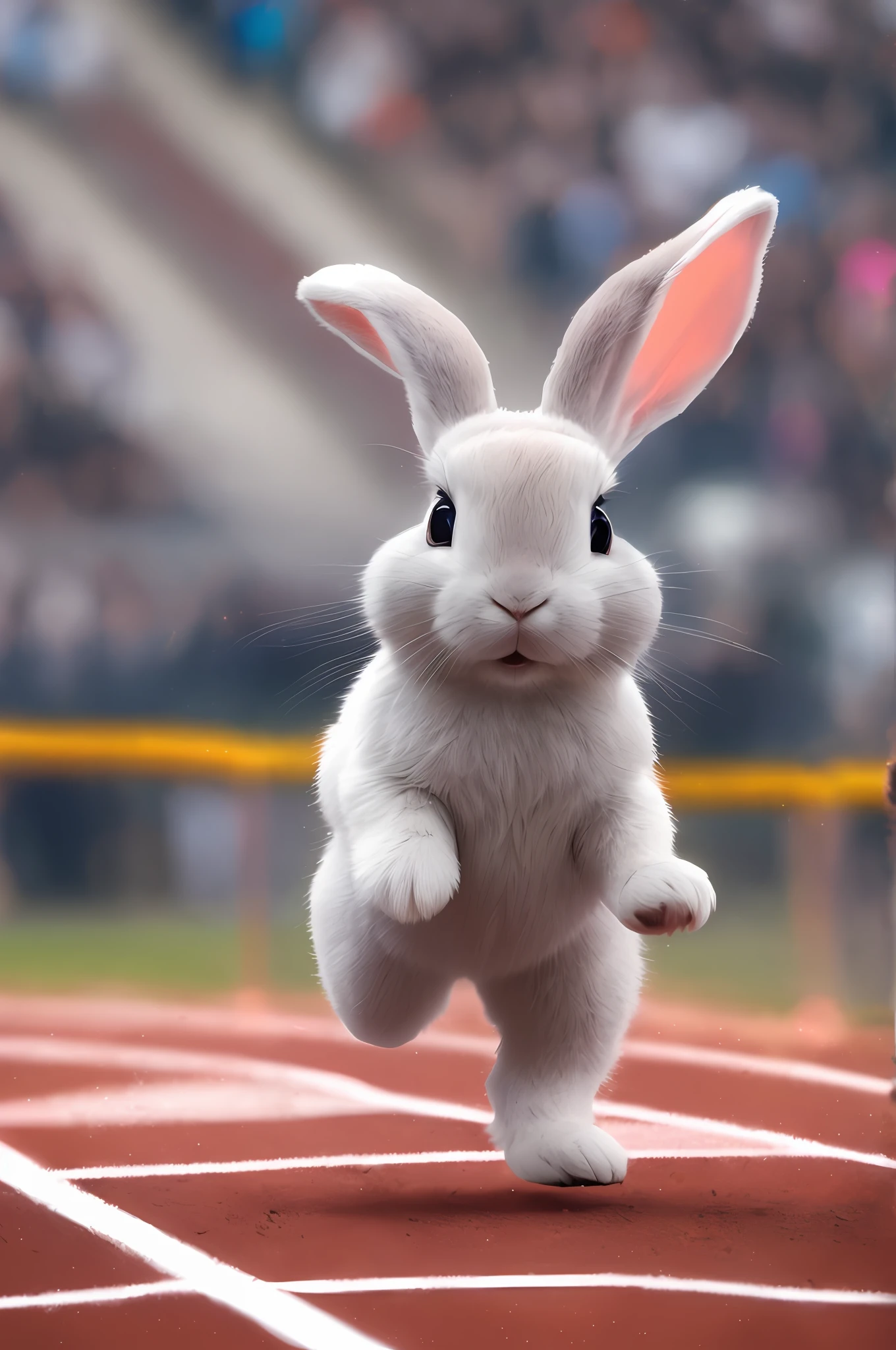 There is a white rabbit running on the track,The crowd is watching, Rabbit, anthropomorphic rabbit, cute anthropomorphic bunny, Rabbit_Bunny, bugs bunny, Bunny, edgBunny_Character, bunny leg, fat bugs bunny, half bunny, White rabbit, portrait of a bugs bunny, electrixbunny, running towards camera, a playboy bunny