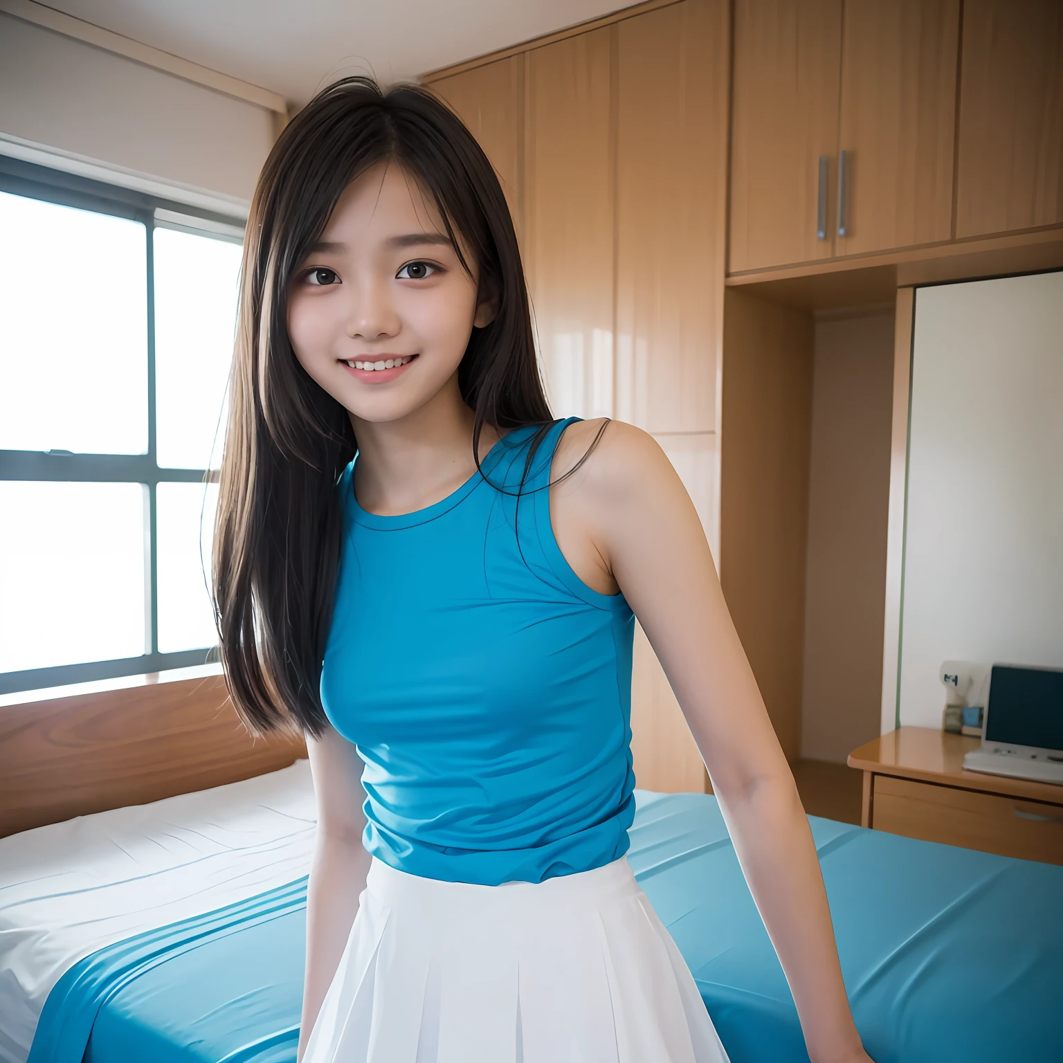slim figure, femele, Blue Sleeveless T-Shirt, White chiffon long skirt, A smile, bedroom, bangss, (((a ))), stright long hair,realskin, (((sixteen years old)))