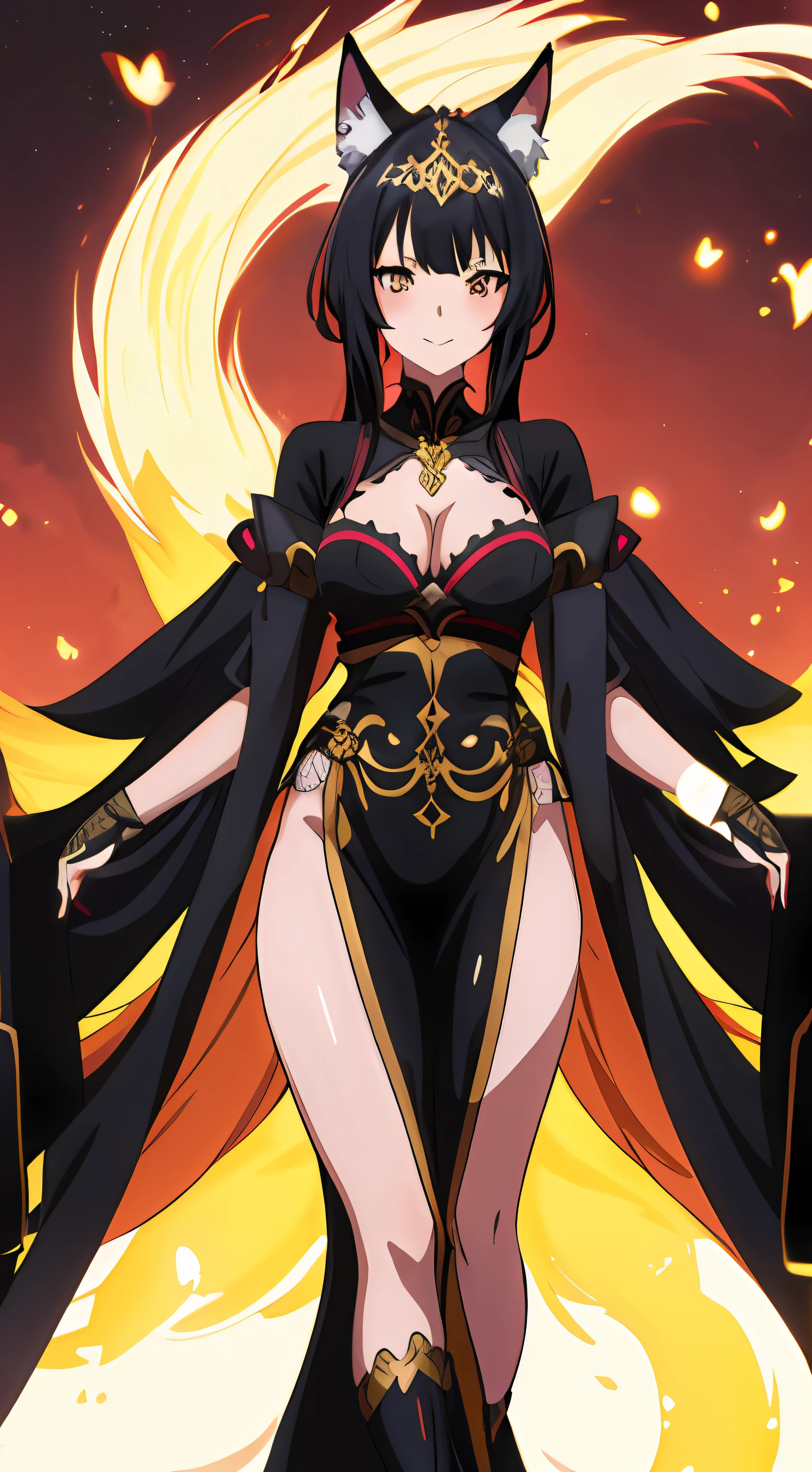 a woman in a black and gold outfit with fox ears on her head, fox tail, seductive anime girl, intricate body, inspired by WLOP, 8k high quality detailed art, a beautiful fantasy empress, intricate wlop, beautiful alluring anime woman, wlop. 4 k, anime goddess, fanart best artstation, wlop and sakimichan