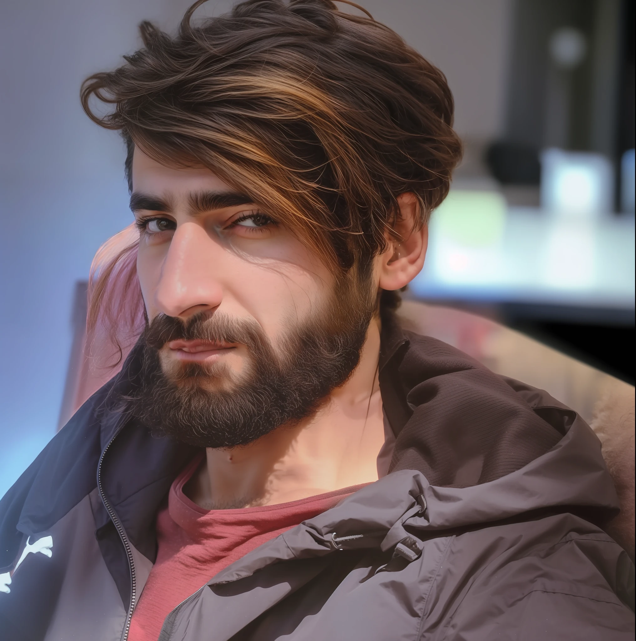 arafed man with a beard and a jacket sitting on a couch, hasan piker, very attractive man with beard, portrait shot 8 k, with a small beard, thin beard, real life photo of a syrian man, soft portrait shot 8 k, short brown beard, thick brown beard, ponytail and beard, an afghan male type, with trimmed beard