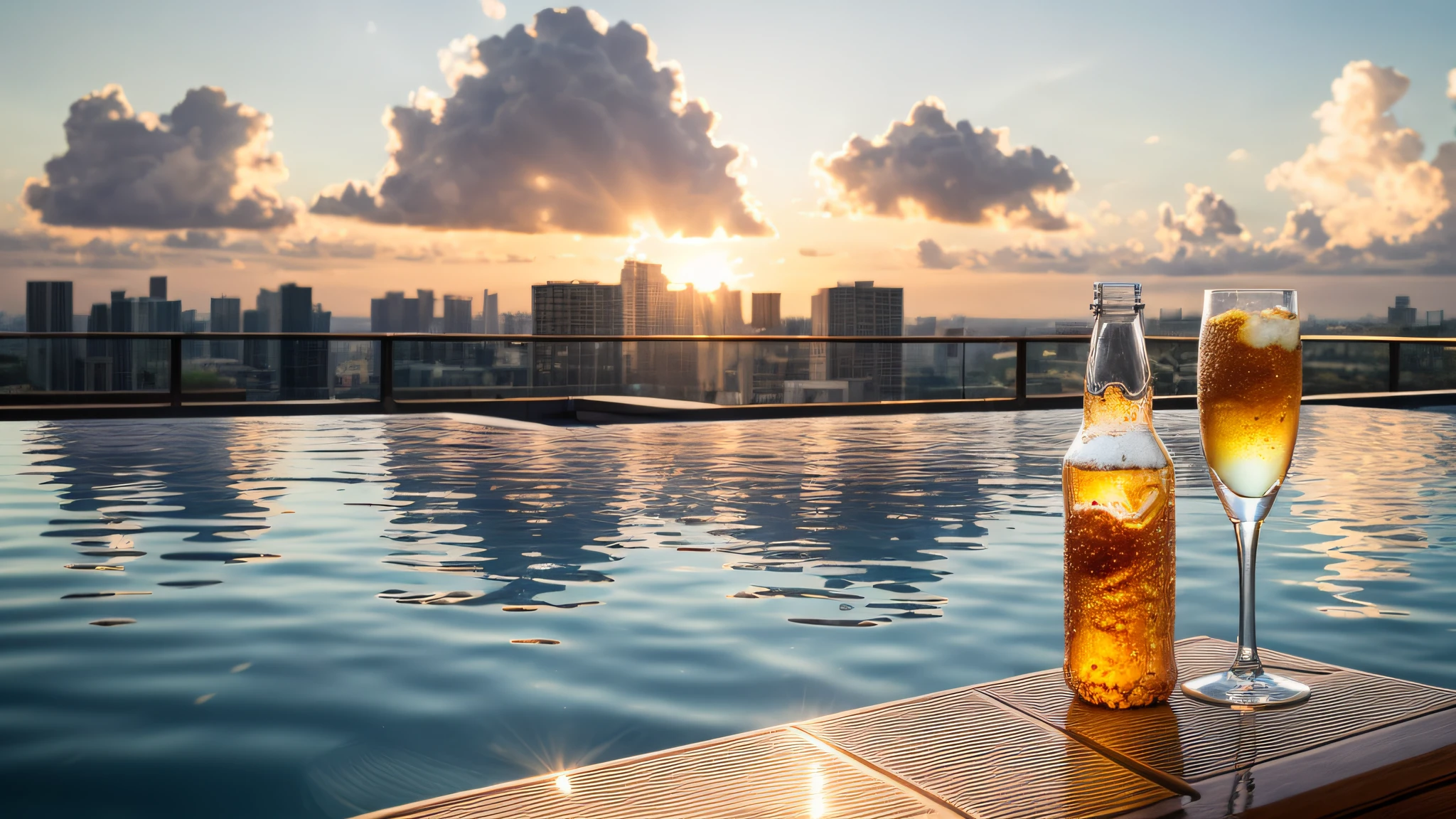 Blue-white sky,Dark brown glass bottle,Golden soda drink,Relaxed,High-rise roof,Infinity pool, Depth of field, Ray tracing, hyper HD, ccurate, High details, Textured skin, High quality, Best quality, A high resolution, Award-Awarded, Anatomically correct, 巨作