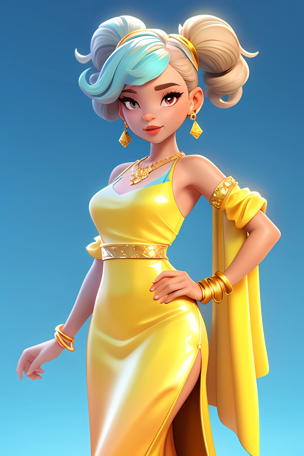 3dcharacter,Golden scale evening dress,(full bodyesbian:1.2),Simple background, Masterpiece,Best quality,(Light sky blue gradient background:1.1), jewelry ,necklace ,bangle ,Earrings , half up, The bottom half