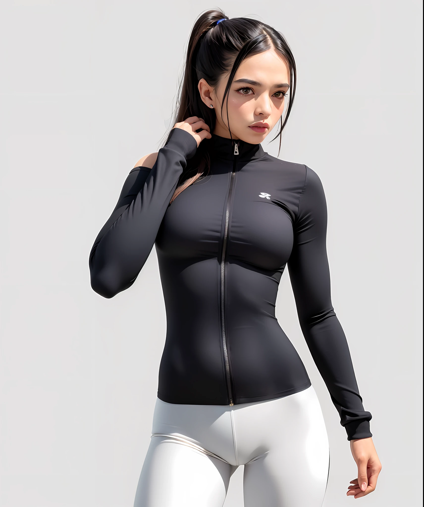 Uma mulher sueca, loira, cabelos ondulados, com uma jaqueta preta e leggings cinza posa para uma foto, roupas esportivas, roupas esportivas, jaqueta esportiva, suar, cinza escuro, suit jacket, EORA, delicioso, suado, corpo inteiro, corpo inteiro, detalhes elaborados, Detalhe excepcional, ebony-esque, " corpo inteiro, ornado, roupas detalhadas, corpo da serpente, encaixar, Escuro, Encaixe figura delicada