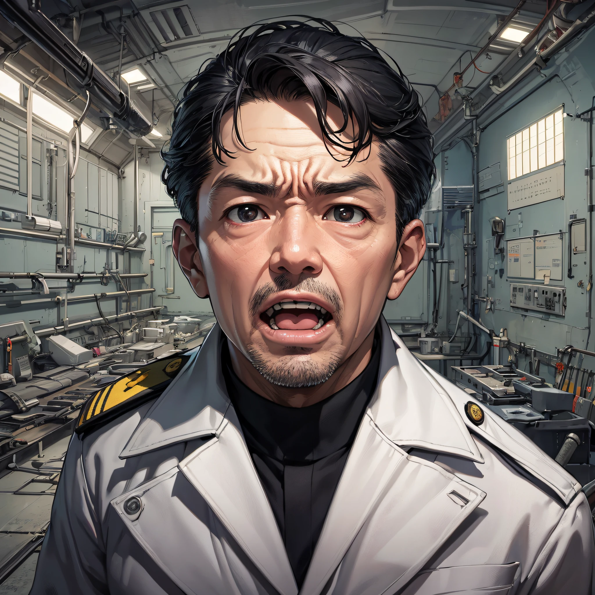 Ridiculous resolution,A high resolution,(tmasterpiece:1.4),Hyper-detailing,Inside the nuclear submarine,Japanese middle-aged male commander,A look of horror and shock,Open-mouthed