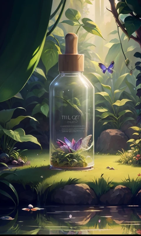 (tmasterpiece,Best quality1.2) , (ultra - detailed) ,(illustratio),Wallpapers,Original,An essential product,grassy,vine,Eau,butterflys,naturey,shiny,Surrounded by light,Terrarium,RPG style,cartoony,fantasy,(shiny)
