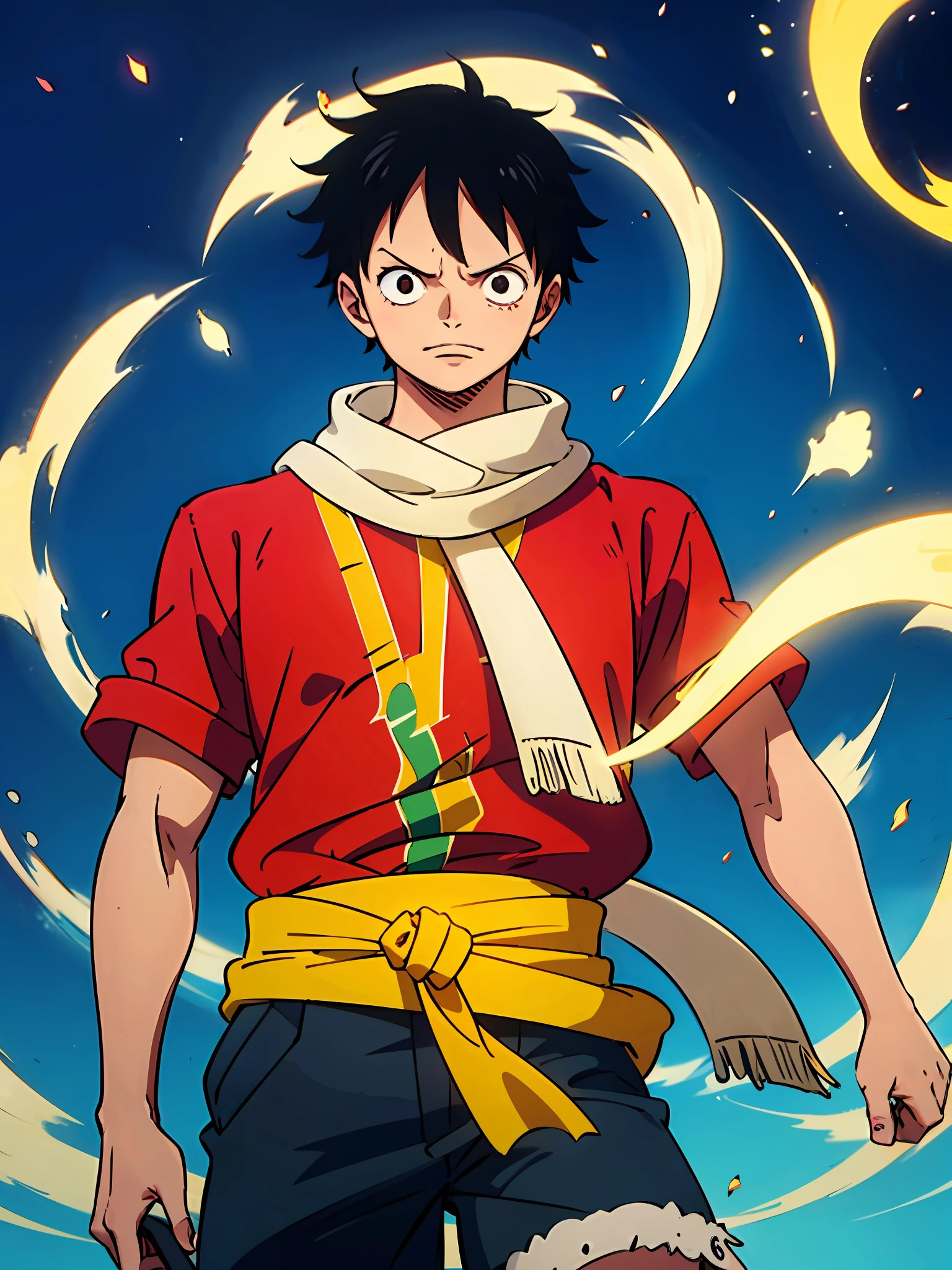 Anime character with straw hat and red shirt, 1 menino, shorts pretos, yellow scarf at waist, olhos pretos, capa preta nas costas, no solo rochoso, situation, 1 Luffy de One Piece, in the nighttime, luz baixa, Luz Natural, pose de luta, roupas danificadas, pele danificada, Sky background with 1 red full moon, luz baixa, raios de luz, Aura poder, particle floating, olhos zangados, rosto irritado, chateado, olhando para frente, Foco masculino, strong muscles, Closed hands, dedos bem formados, (8k muito detalhado), (melhor qualidade), (melhores sombras).