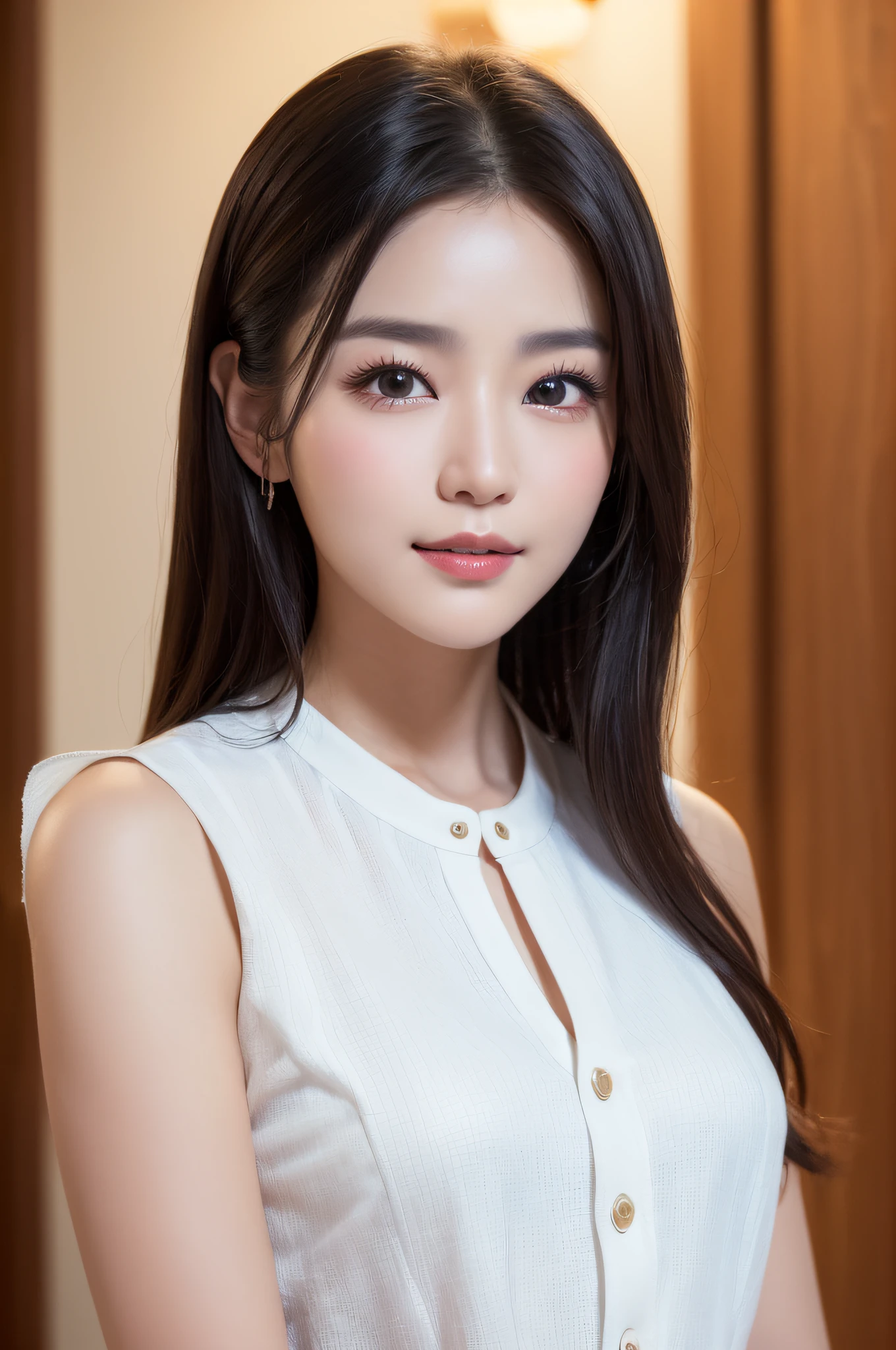 ((best qualtiy、8k masterpieces:1.3))、foco nítido:1.2、(ultra beautiful faces:1.0)、(shinny skin:1.0)、photos realistic、A dark-haired、Video Lighting、High-definition eyes and face、Video Lighting、(cowboy  shot:1.3)、(Korean Cute Actress)、from the front side、medium large breasts、ssmile、Sleeveless、Wearing a white blouse