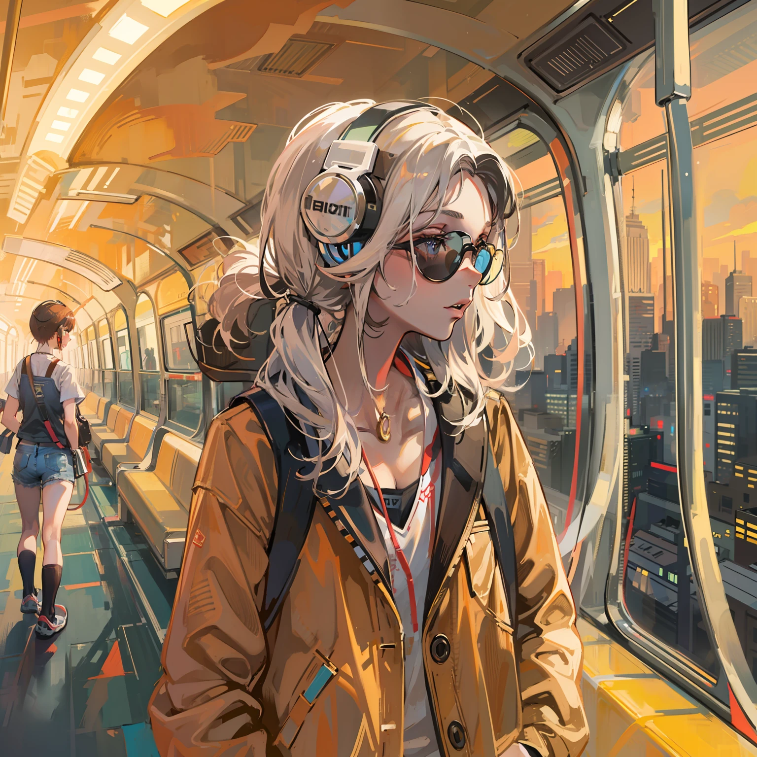 menina, adolescente, cansada, de casaco, usando headphone, no metro, passando por uma paisagem numa cidade futurista, com o sol se pondo,