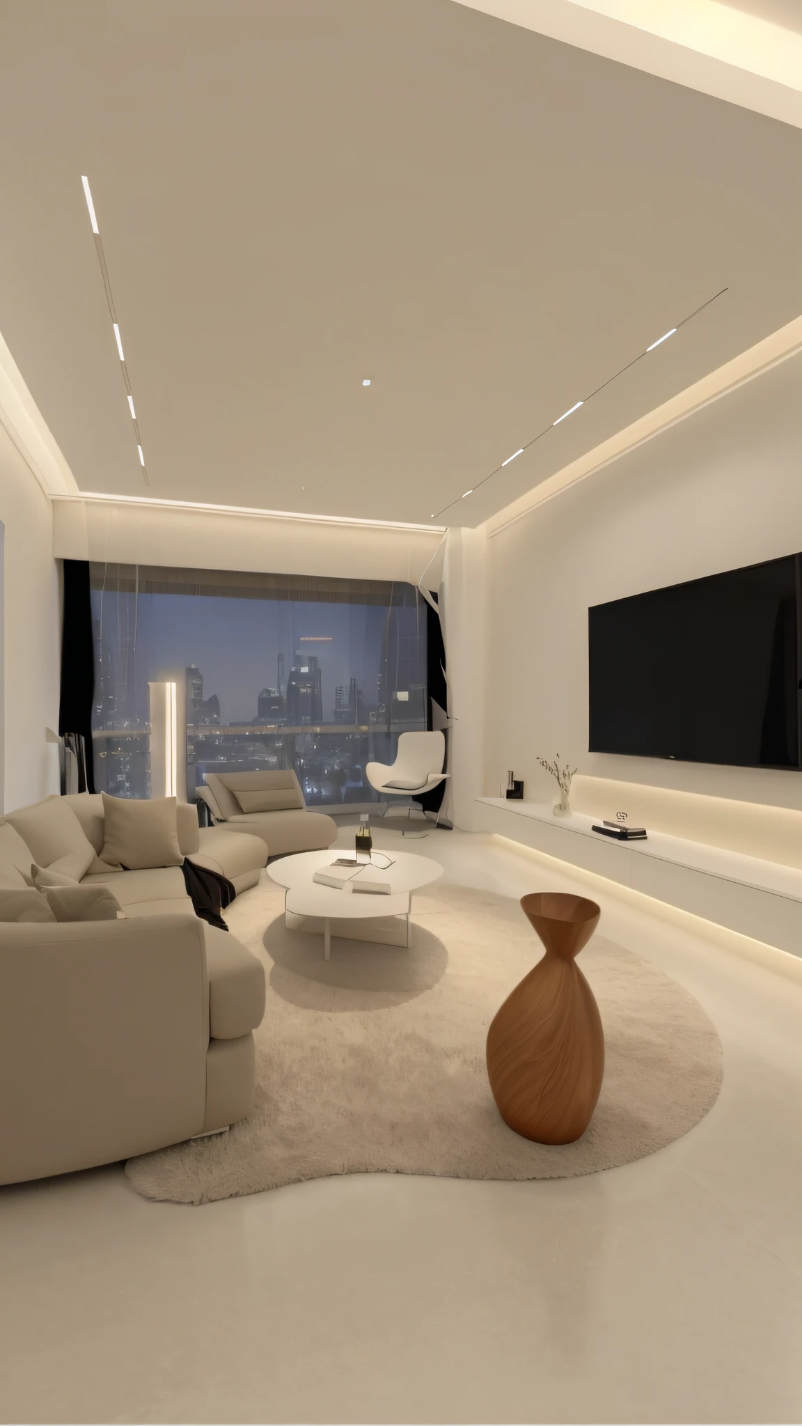 Living room with large flat-screen TV and large sofas, futuristic looking living room, expansive cinematic view, all white render, Modern living room, liveroom, fancy apartment, Living room, cinematic accent lighting, glowing white accent lighting, lounge room, interior living room, living room vibe, beige and dark atmosphere, inside a modern apartment,8k,Realiy,Pubic area is clear