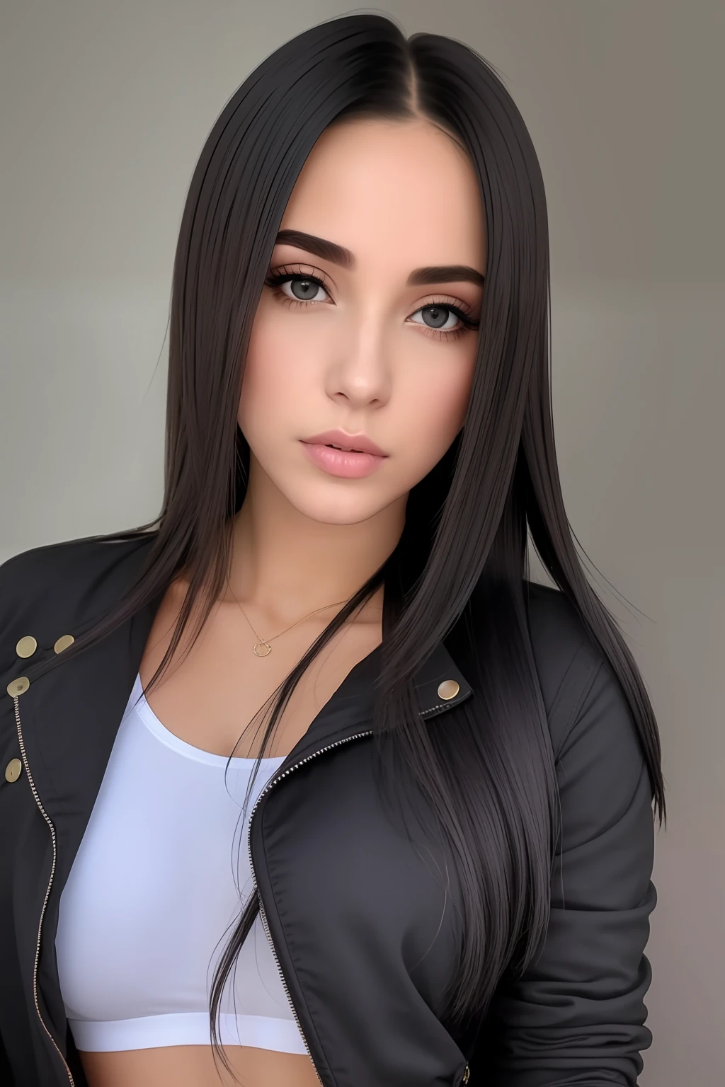 mulher arafed com longos cabelos pretos vestindo um top branco e jaqueta preta, female with long black hair, com cabelo preto liso, imagem de perfil, com cabelos pretos, foto de perfil headshot, Alanis Guillen, Violeta Myers, com longos cabelos pretos, cabelos pretos e olhos grandes, com cabelo preto, mulher nova com cabelo escuro longo, meninabelo preto vestindo capuz, peitos grandes, peitos para fora, barriga para fora, tight leggings