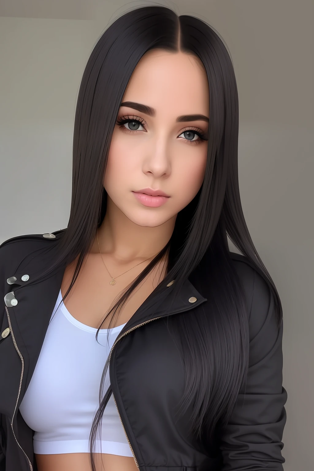 mulher arafed com longos cabelos pretos vestindo um top branco e jaqueta preta, female with long black hair, com cabelo preto liso, imagem de perfil, com cabelos pretos, foto de perfil headshot, Alanis Guillen, Violeta Myers, com longos cabelos pretos, cabelos pretos e olhos grandes, menina com cabelo preto, mulher nova com cabelo escuro longo, menina de cabelo preto vestindo capuz, peitos grandes, peitos para fora, barriga para fora, tight leggings