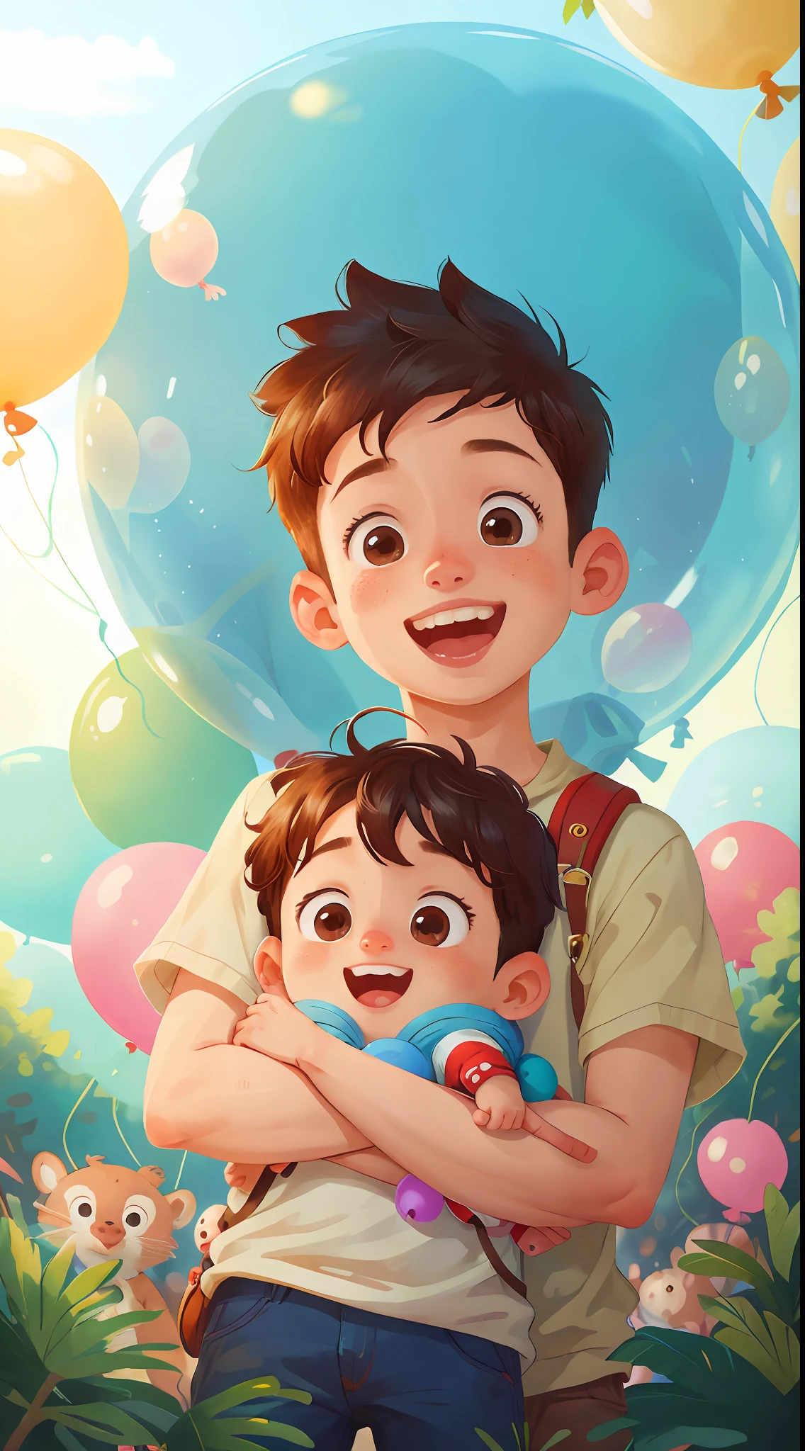 A boy, zoo, many balloons, happy, happy, perfect quality, clear focus (clutter - home: 0.8), (masterpiece: 1.2) (realistic: 1.2) (bokeh) (best quality) (detailed skin: 1.3) (intricate details) (8K) (detail eyes) (sharp focus), (happy)