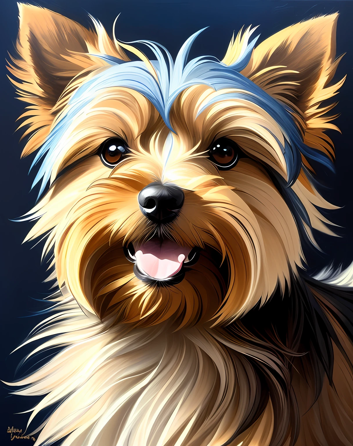 Close-up portrait of the happy Yorkshire Terrier，darkness's background，style of anime，In Studio Ghibli style，highly  detailed，Professional majestic oil painting by Ed Blinkey，atey ghailan，by Ghibli Studio，Written by Jeremy Mann，Greg Manchess，Antonio Moro，Trends on ArtStation， Midjourney and greg rutkowski on CGSociety，复杂，high detal，Sharp，dramatics，Realistic painting art