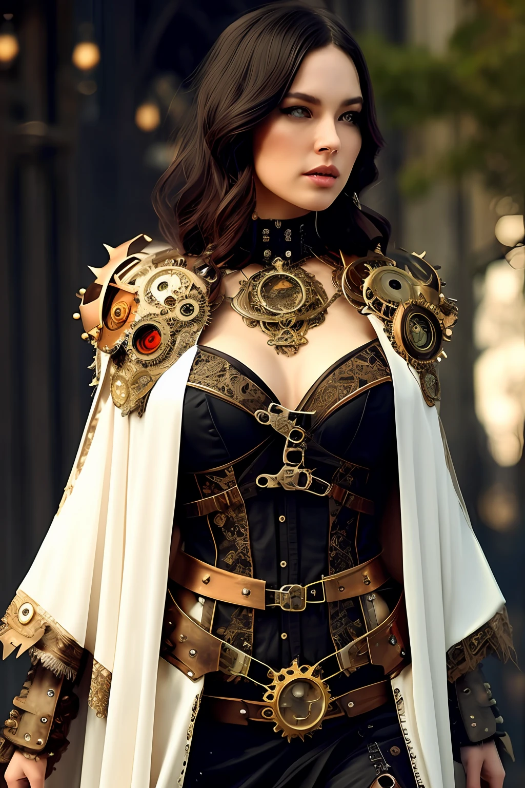 full body:1.6, walking pose, slow motion, (rogue thief:1.2) steampunk gal, multi-layered stitched,(white silk cloak), (intricately patterned cloth:1.2), (insanely detailed, steampunk:1.5), (top quality, concept art, 4k), (og:1.2), (high sharpness), (detailed pupils:1.1), (painting:1.1), (digital painting:1.1), detailed face, eyes and body, masterpiece, best quality, (highly detailed photo:1.1), 8k, photorealistic, (long curvy hair, ecst), (young woman:1.1), by jeremy mann, by sandra chevrier, by maciej kuciara, sharp, (perfect body:1.1), realistic, real shadow, 3d, (gothic chatedral background:1.2), (by Michelangelo), innocent, eyes, diadem, full body, sky, halo, post-apocalypse, detailed steampunk dress