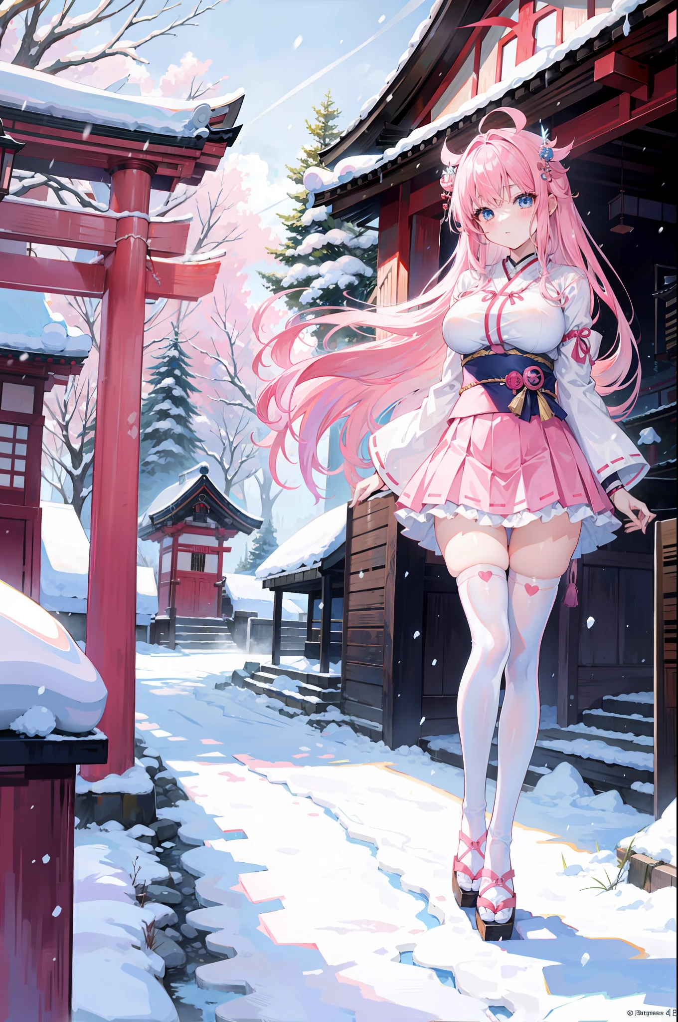 Pink hair,,anime big breast,4K,long whitr hair,Blue eyes,SakuraNS,Shrines,shrine maiden clothe,short skirt, white stockings,Ice and snow