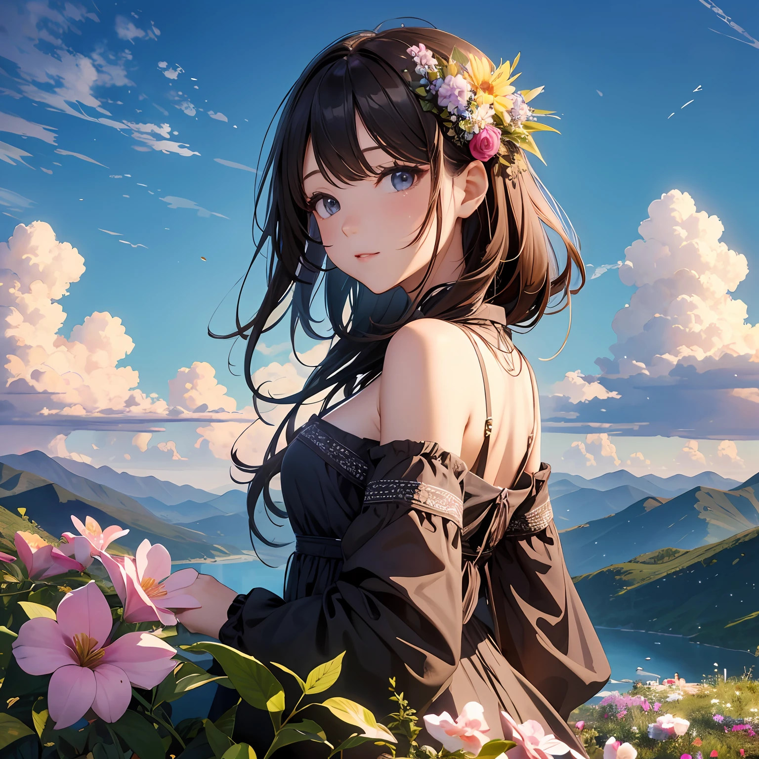 (Close-up of the painting style,8k ultra high definition,Masterpiece grade vista CG wallpaper),Beautiful skyline,Magnificent sky,美丽细致的眼睛,cute girly,Perfect slim body,shift dresses,Pure eyes,The skin is smooth like a baby,Stand on a high mountain and look at the sky,lakes,Colorful flowers and plants。
