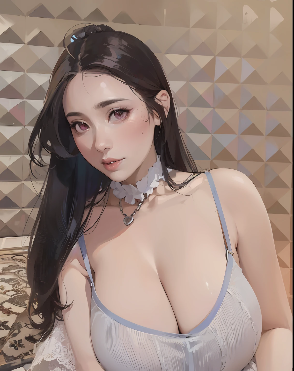 masterpiece, best quality, ultra high res, beautiful detailed hair detailed face, perfect feminine face, (((taihou))), azur lane, twintails hair, ahoge, black hair, hair ornament, (pink night gown, lace, frills), collar, (leather collar), spiked collar, chain, (chained collard), (gigantic breasts:1.4), sagging breasts, huge cleavage, art by sakimichan, george kamitani, akira yasuda