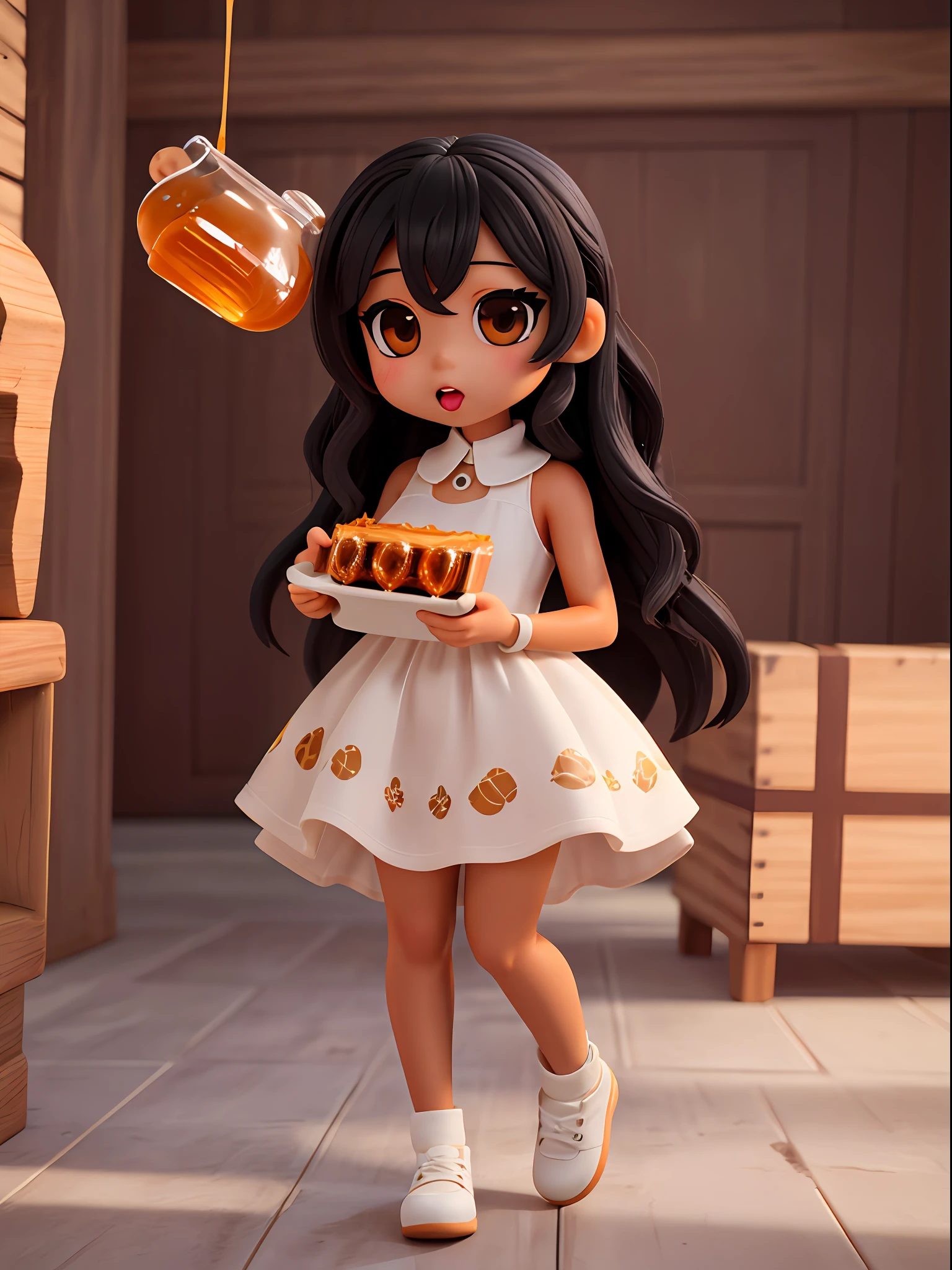 Masterpiece mixed race tan girl Cute MINI, chibi, v3, long black silky-curly hair, big honey eyes, eating honey, Very detailed quality, 8k resolution, rendering with unreal engine technology highly performance. Full body, Cinematic background