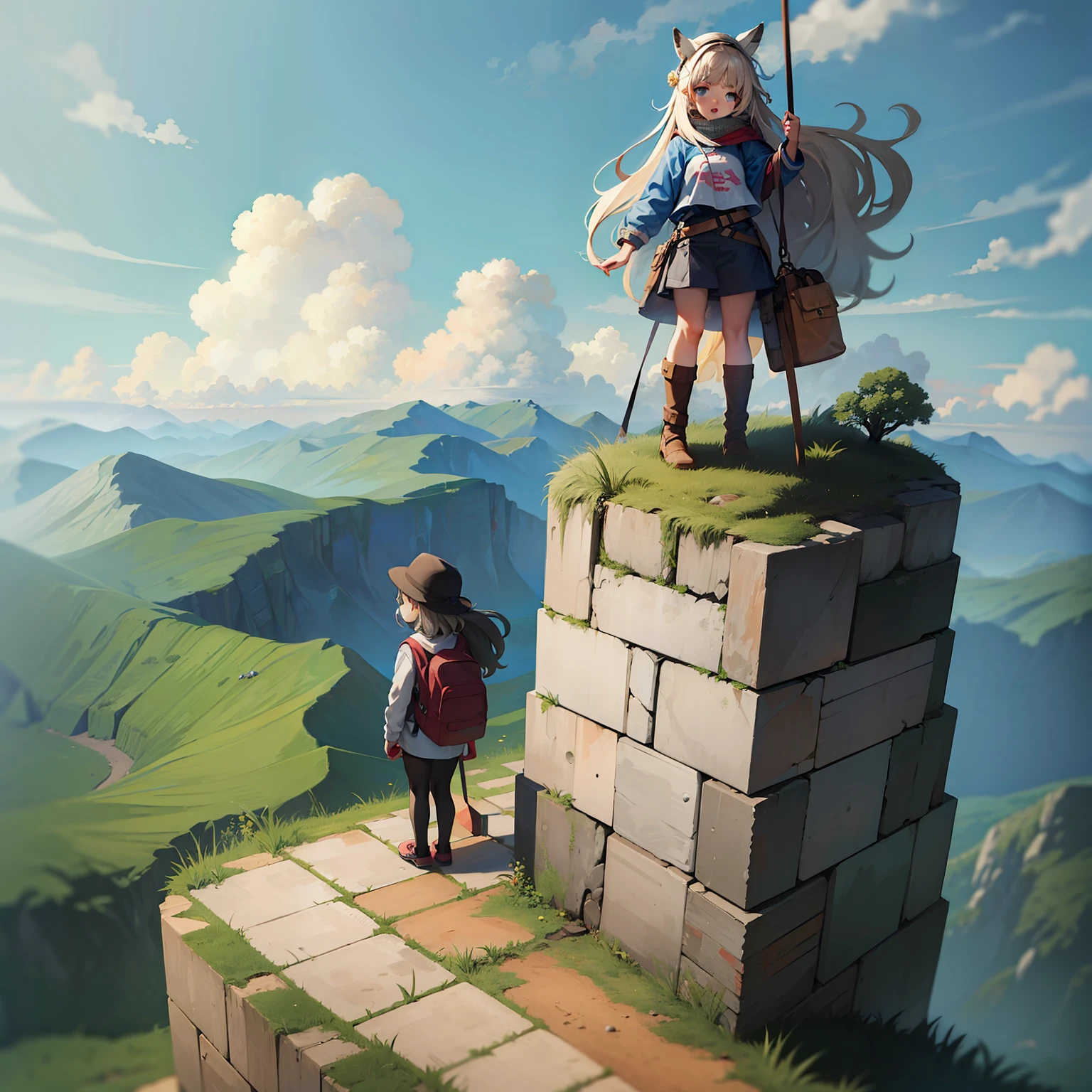 montanhas de gelo, caminhando ao longo da trilha com altas montanhas de gelo no fundo, Montanhas ao fundo, estilo anime, desenho dos desenhos animados, Cartoon, meninado, Statues on top of mountains, menina com uhila pequena nas costas, aventura, Wet and cold weather, gelo, montanhas de gelo