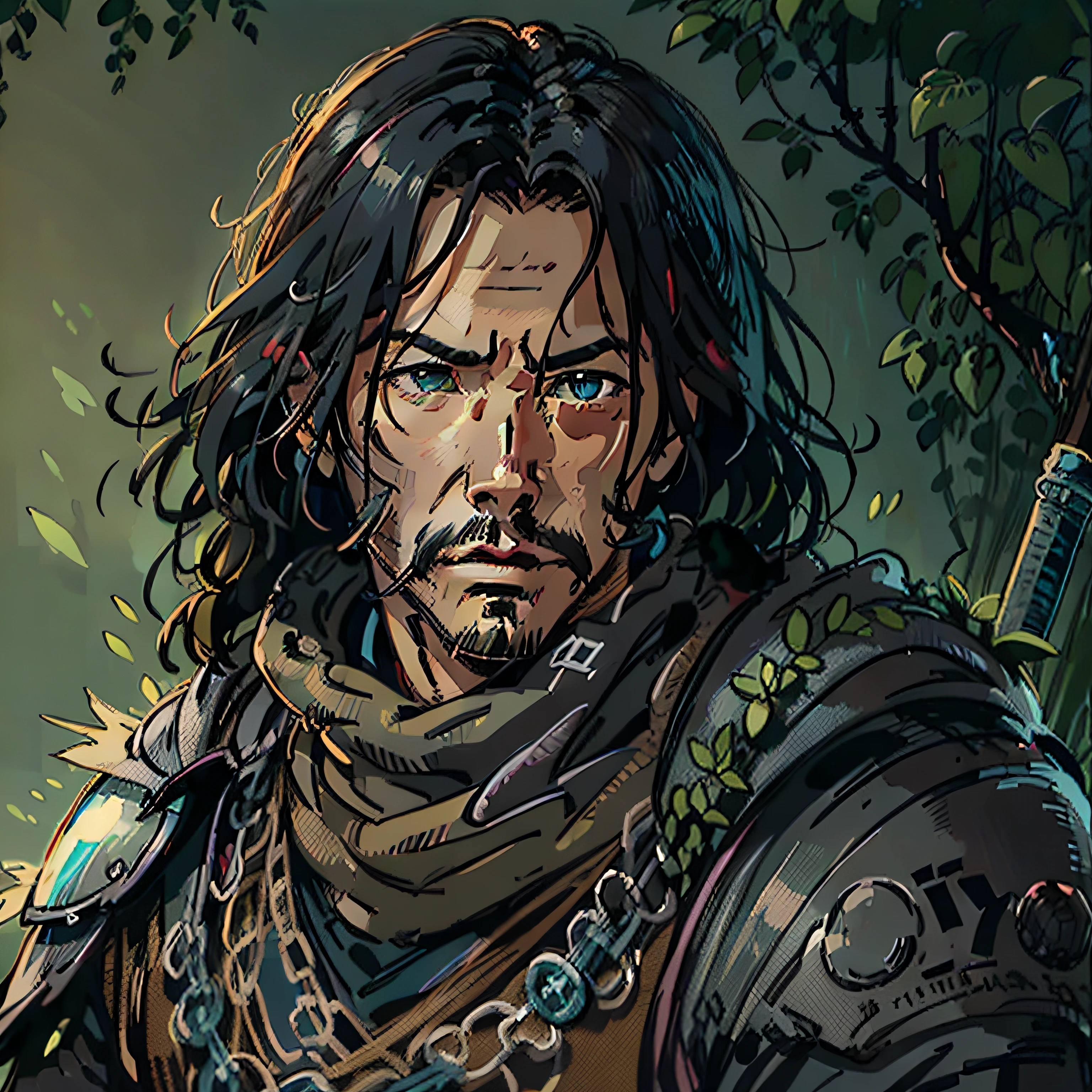 keanu rivers look a like, gloom ranger, rpg character, medieval fantasy, close up portrait