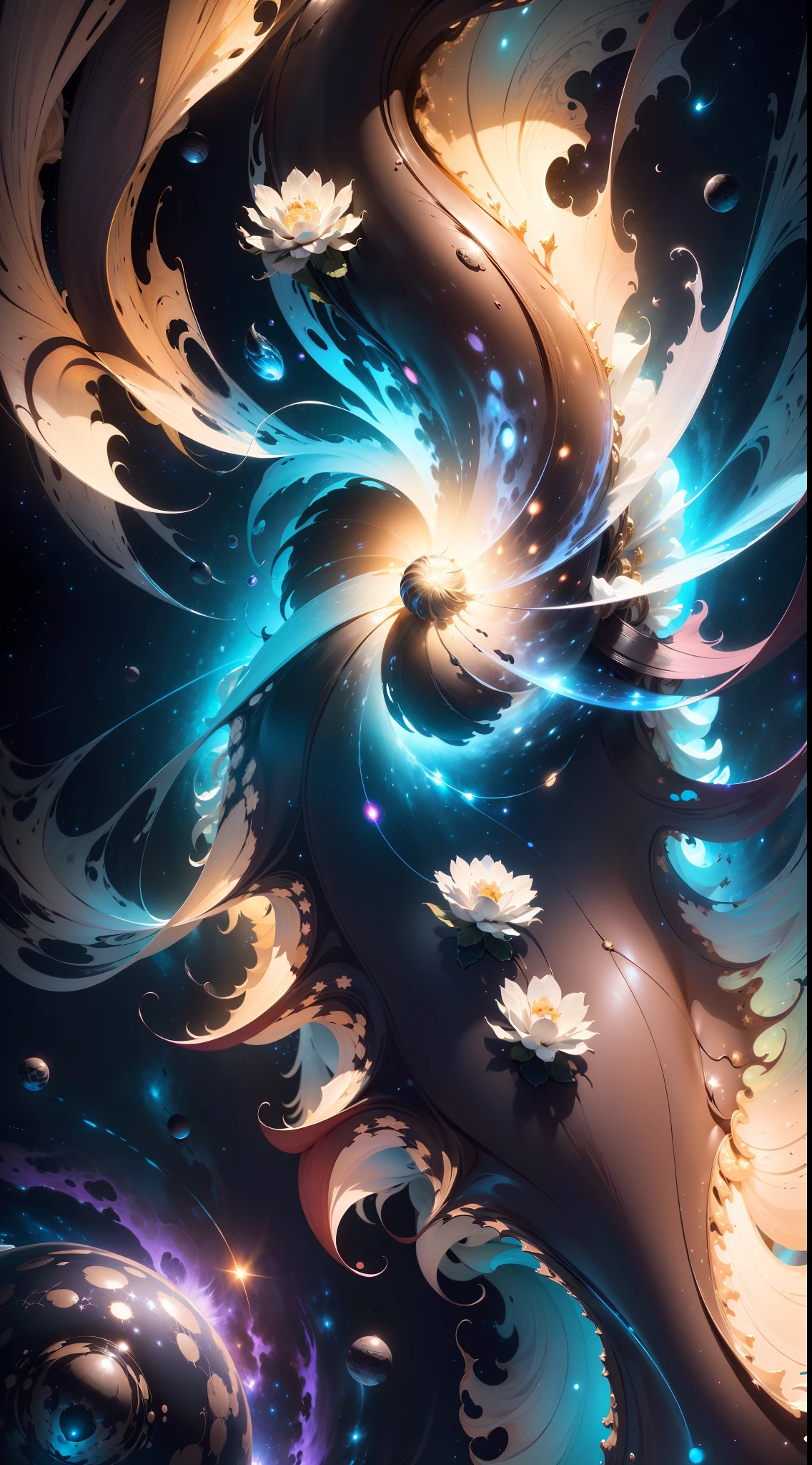 ((REAL)))), ((MASTER))), ((BEST QUALITY)), ULTRA-DETAILED CG Unity 8k wallpapers, incredibly detailed and beautiful illustrations, floating, high resolution, dynamic, dark black background, stellar space, big white shining stars, colorful planets in the cosmic maelstrom, countless small petals fluttering
