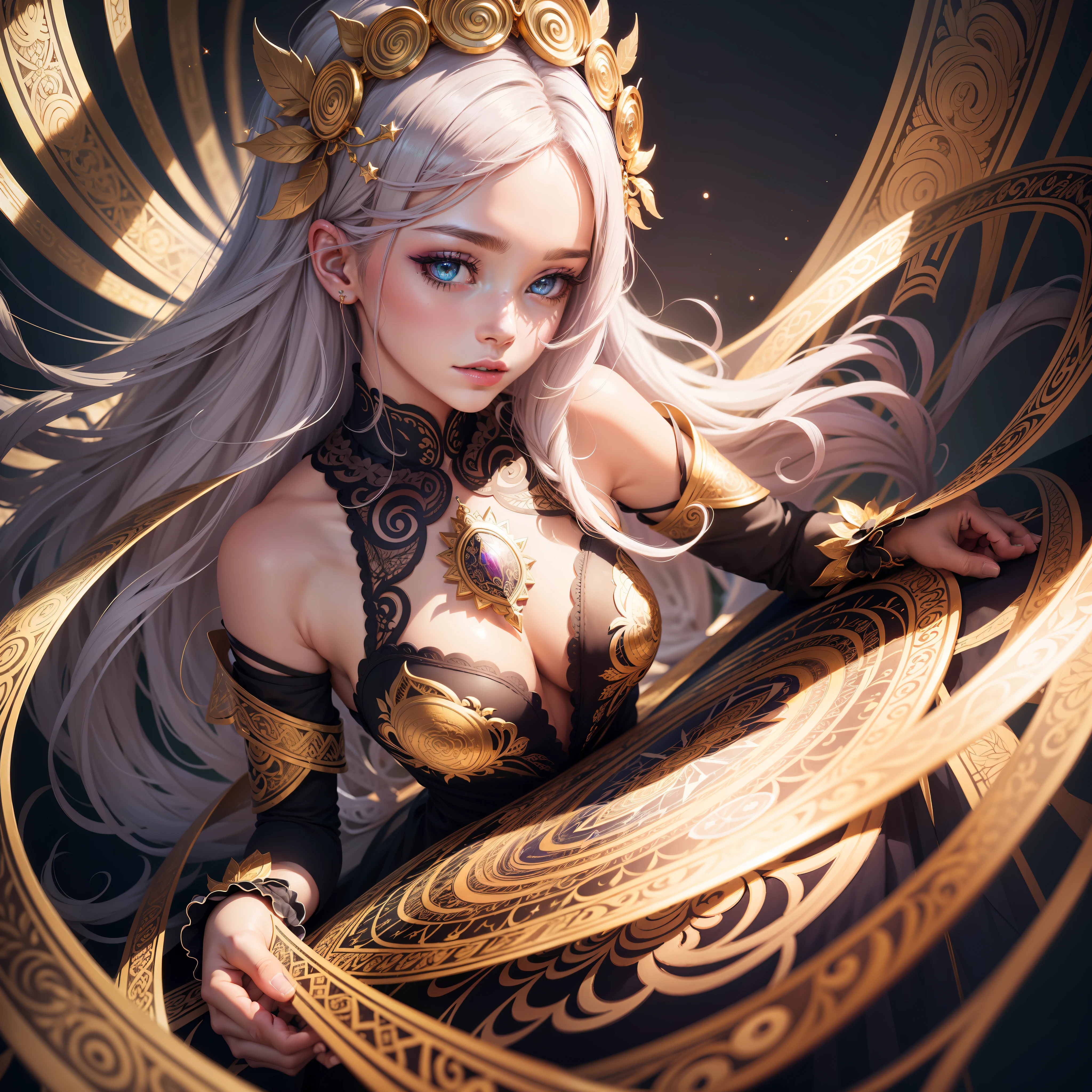 PerfectNwsjMajic,(masterpiece, top quality, best quality, official art, beautiful and aesthetic:1.2), (1girl), extreme detailed,colorful,highest detailed, official art, unity 8k wallpaper, ultra detailed, beautiful and aesthetic, beautiful, masterpiece, best quality, (zentangle, mandala, tangle, entangle) ,holy light,gold foil,gold leaf art,glitter drawing,