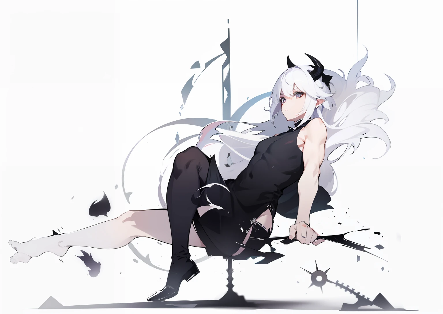 White haired demon on large clock background wearing black silk on his left leg，The right leg is dressed in white silk