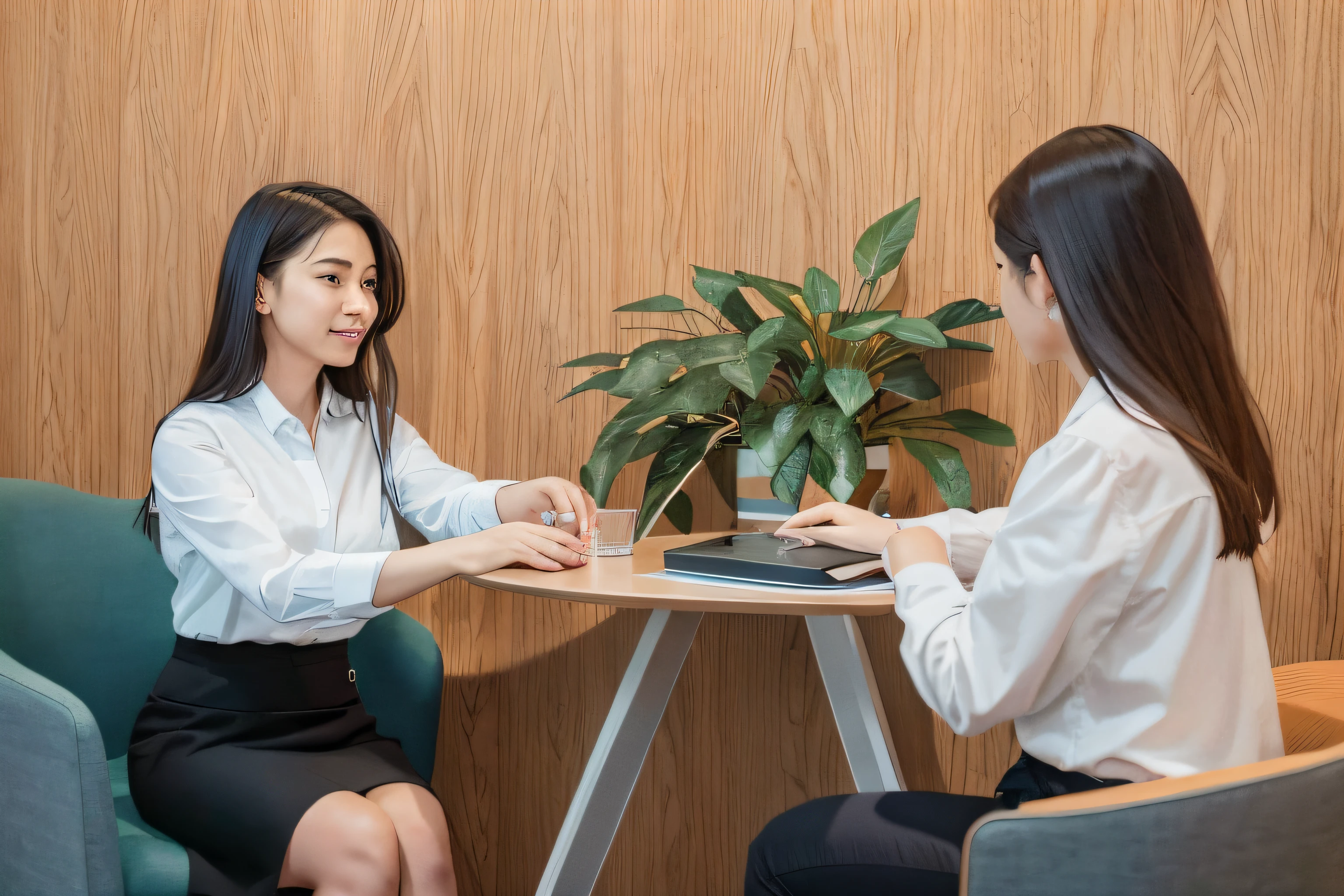Two women sat at a table,Holding a laptop and a plant in his hand, working in an office, Be interviewed, product introduction photos, in a office, in a meeting room, co worker, Sitting at your desk, sitting in office, At the office, interview, people at work, sat in an office, sits at a table, Sitting at your desk, sitting at table, business meeting