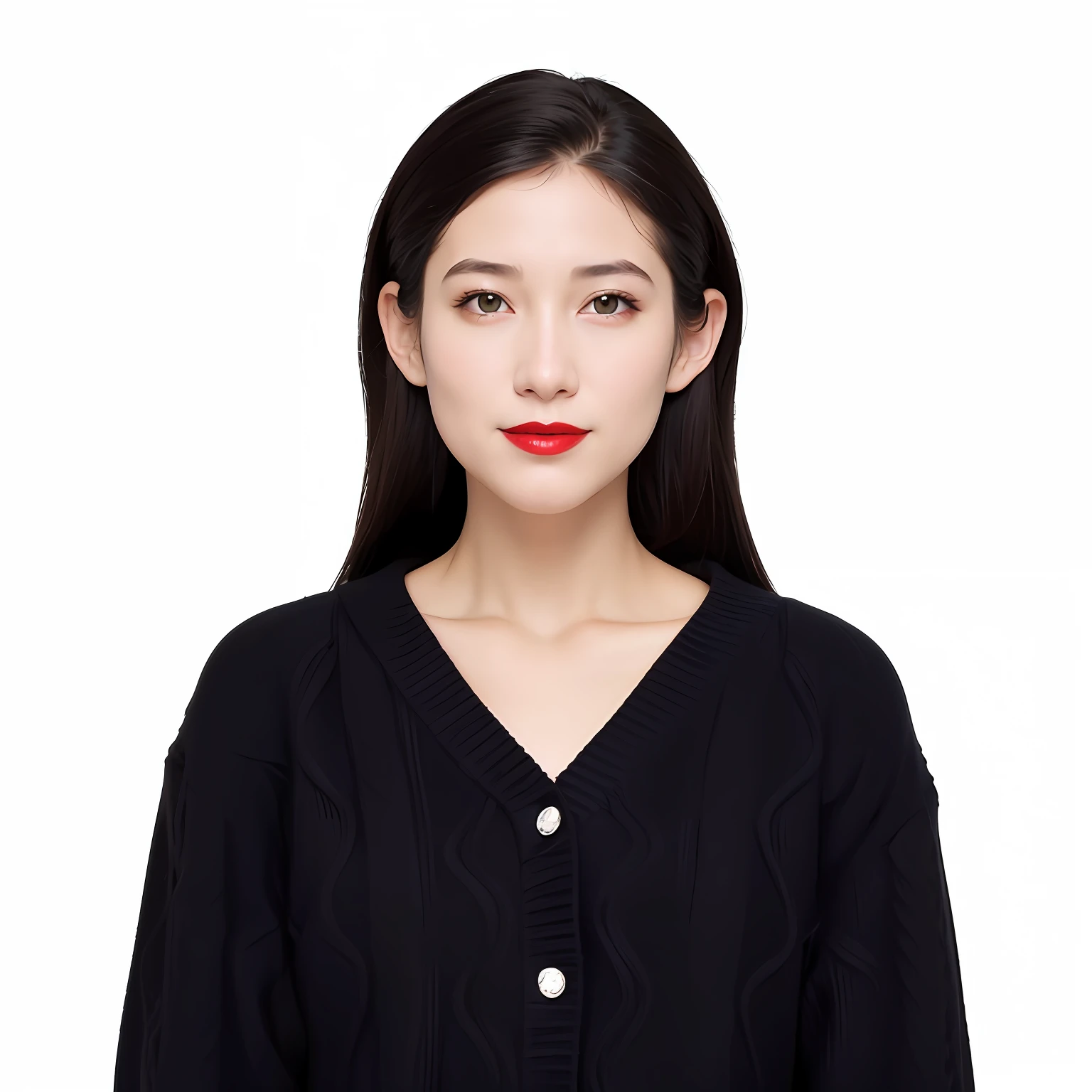Close-up of a woman in a black sweater and red lipstick
