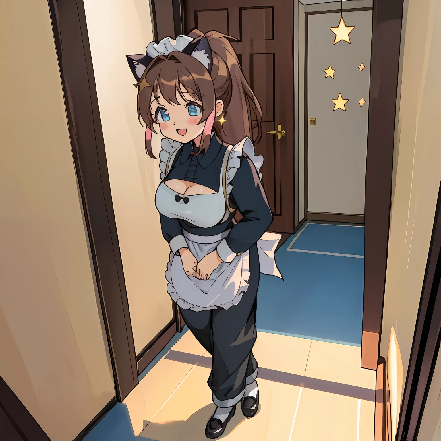 (Highly detailed CG Unity 8k wallpaper), (Best Quality), (Super Detail), (Best Illustration), (Best Shadow), POV, Realistic lighting and shading, Natural light, Lens flare effect, BREAK, 1 beautiful girl, Solo,(Cute:1.5),(Chibi:0.8), (kawaii:1.5),(Lori:0.5), BREAK, ( ( girl), Very detailed, colourfull, highest details, BREAK, (Huge breasts: 1. 2,), Clear skin, Beautiful skin, Shy skin, 1 beautiful girl, Brown hair, (Cat ears, Ponytail, medium-Long hair: 1. 2), (Light blue eyes, long eyelashes, Double eyelids: 1. 2), Solo, gleaming skin, BREAK,(shortpants,Black shorts,Pichi Pichi:1.2), (black blouse, long sleeves, maid apron, white apron, black pants, long pants:1.2), (star-shaped earring:1.1), (Lace headband:1.0), (Cute Accessories:1.3), (:D,Happiness:1.1), (is standing,Slouched:1.3), Holding a man's trunks with both hands, (Angle from below,Emphasizes cleavage:1.1), BREAK, (Caregiver:1.2),(Facilities for the elderly,Entrance to the bathroom,Day Service,in a house:1.5),(Multiple male elderly people undressed)