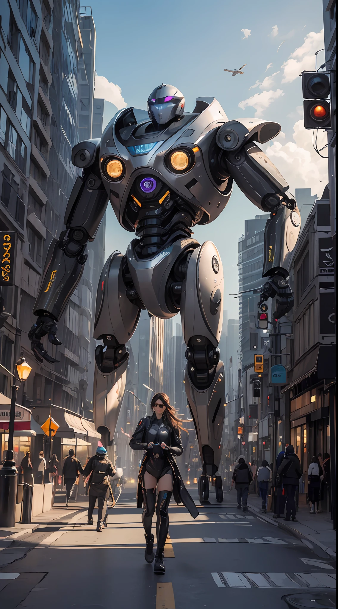 La mejor calidad posible, Ultra resolution 8K,Bella obra de arte,Una ciudad futurista dominada por robots gigantes, caminando entre los rascacielos y dejando a su paso luces brillantes y destellos de electricidad.
