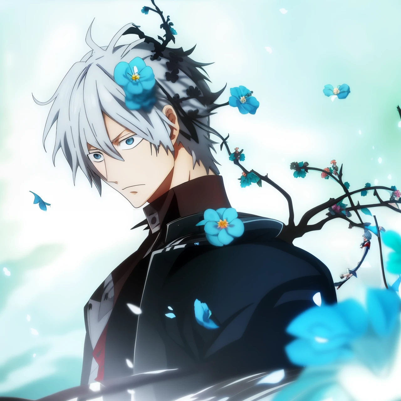 Anime boy with blue flowers,With anime art style,Tall anime male,eBlue eyes,a silver haired mad,animeaesthetic,anime wallaper,kaneki ken,Dark gray hair,hd anime wallaper,nagito komaeda,kaneki ken,kaworu nagisa,anime figure,Anime boy