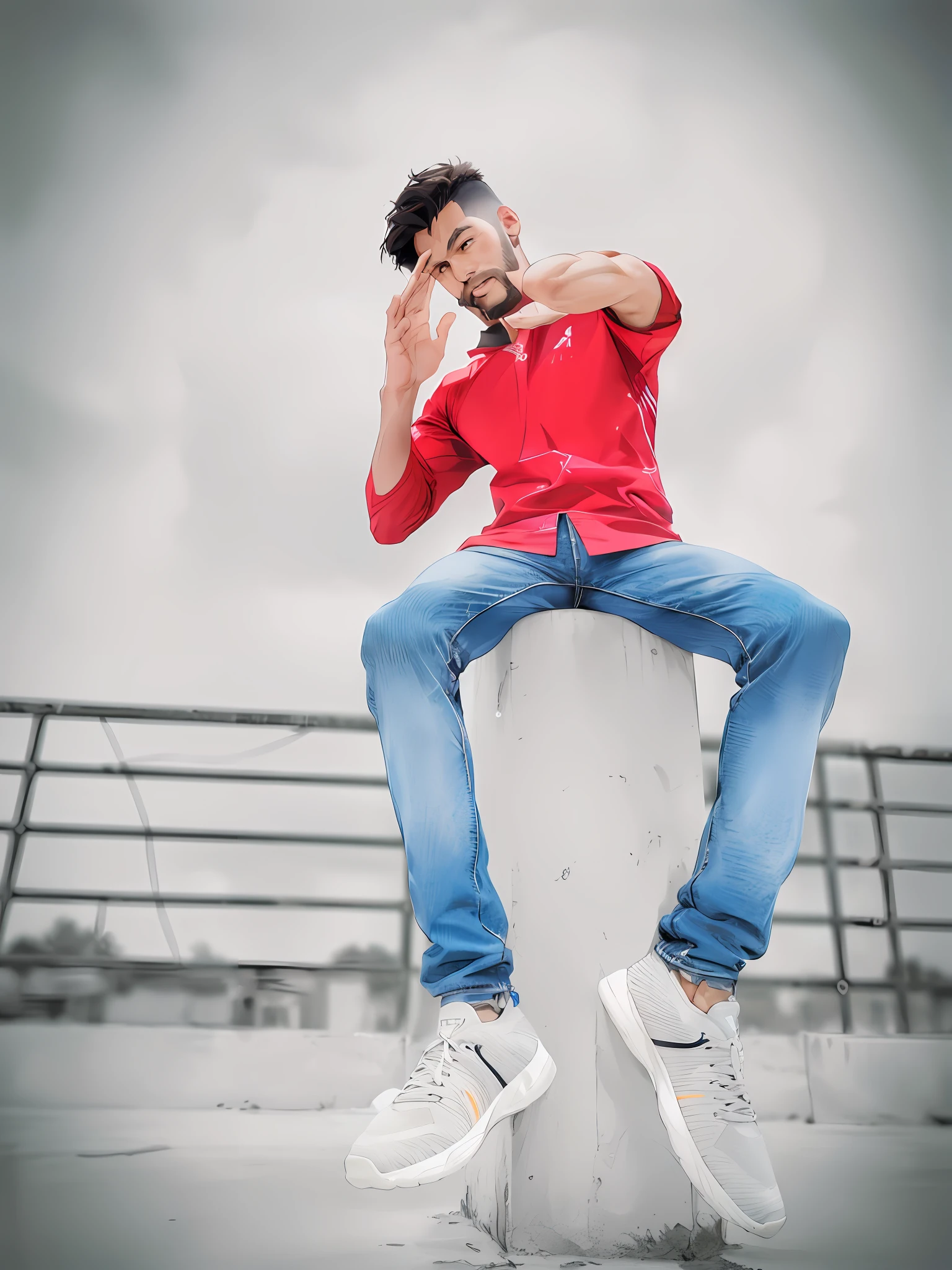Best quality, masterpiece, ultra high res,detailed background,realistic,illustration,from below,full body,solo,1boy,muscular male,beard,sneakers,basketball,muscular,facial hair,volumetric lighting,depth of field