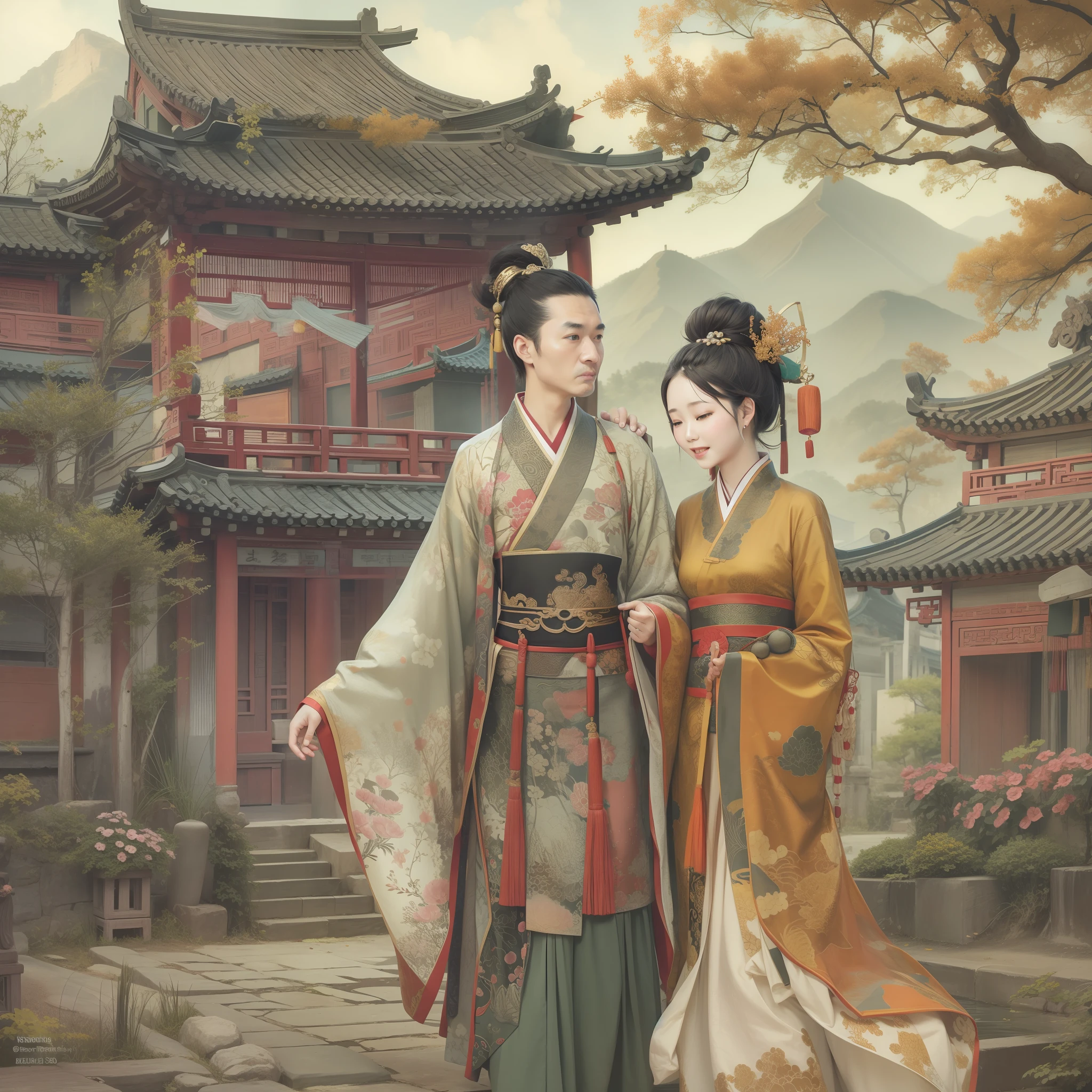 Ancient Chinese style building,Ancient Chinese style cityscape,Man and woman dressed in ancient Chinese style,wakame,wakame,wakame,wakame,wakame,wakame,wakame,wakame,