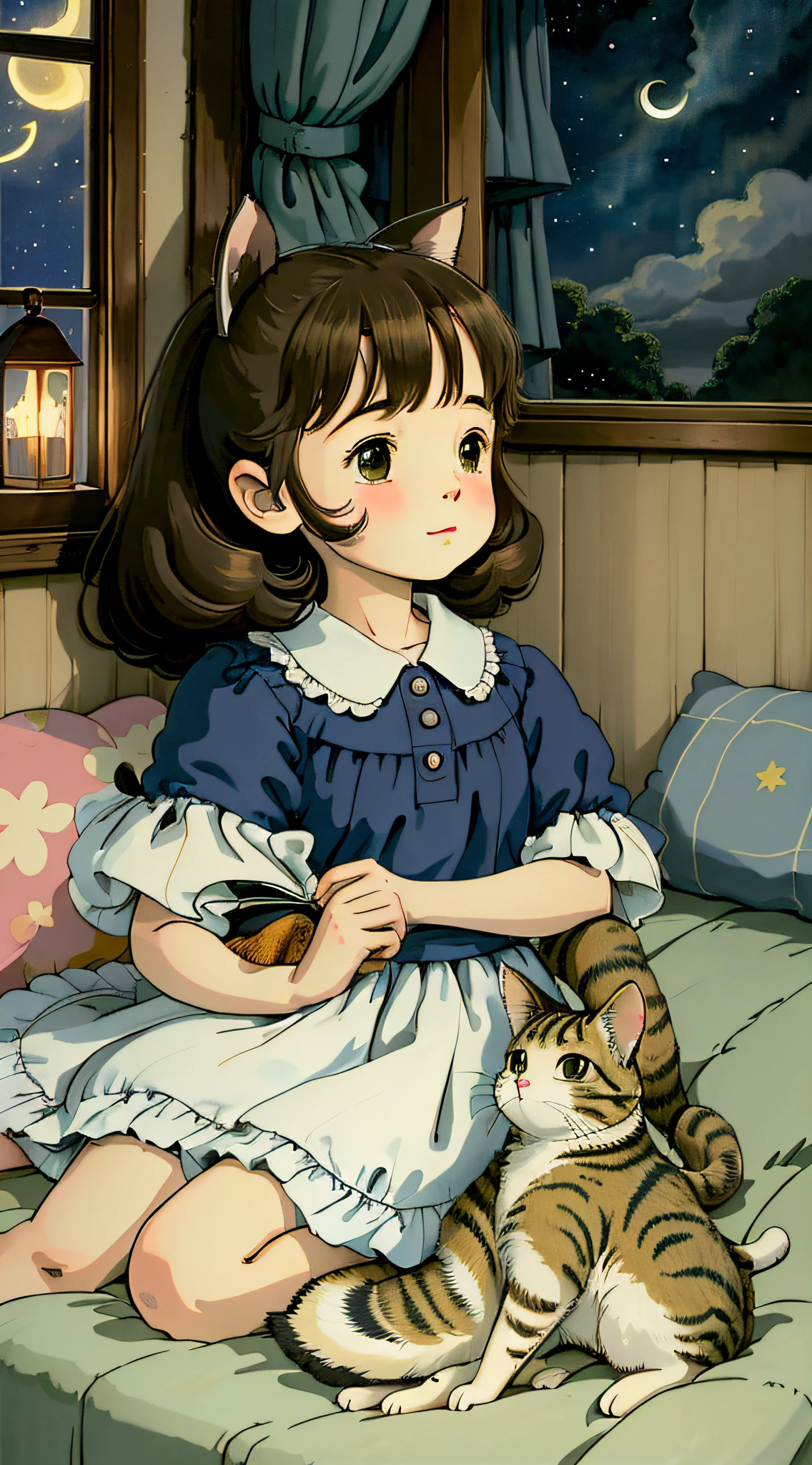 Alto Detalhe, Ultra Detalhe, alta resolução, Uma  fofa e inocente, sentada na cama olhando para janela, quarto de meninaly sky, janelas abertas. Menina dentacama olhando para janela, menina feliz, meni8 anos, cuteexon, menina com gato no colo, starl open window overlooking night sky, apenas uma janela,