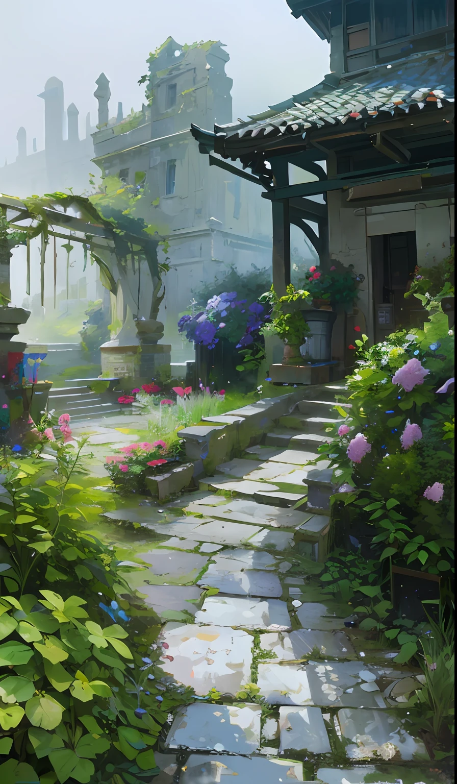 An ancient building in the background, Fog, Garden, Soothing scenery, Garden landscape, a wild profusion of vegetation, Green plant cover, Ancient Garden, Ancient architecture Landscape painting